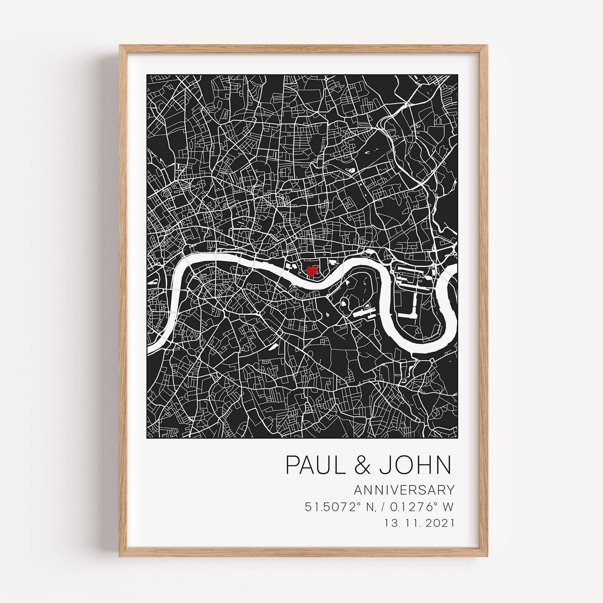 "Framed 5-year anniversary custom map print featuring the location where the couple met, married, or lived, with personalized names, date, and heartfelt message—celebrating five years of shared memories and journey together.