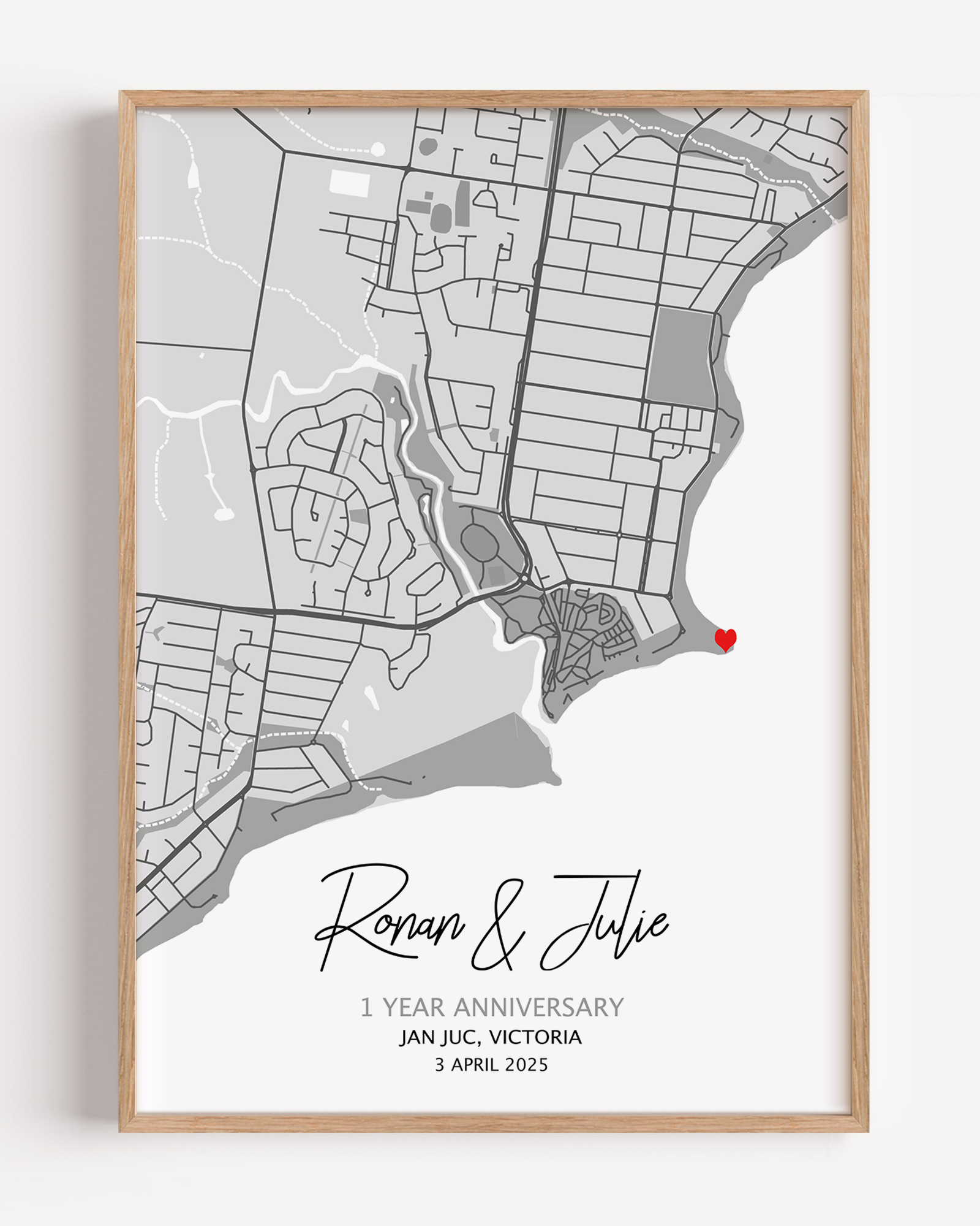 Custom map print displaying a chosen location in traditional map shape, personalized with coordinates, names, and a special date to mark a meaningful moment.