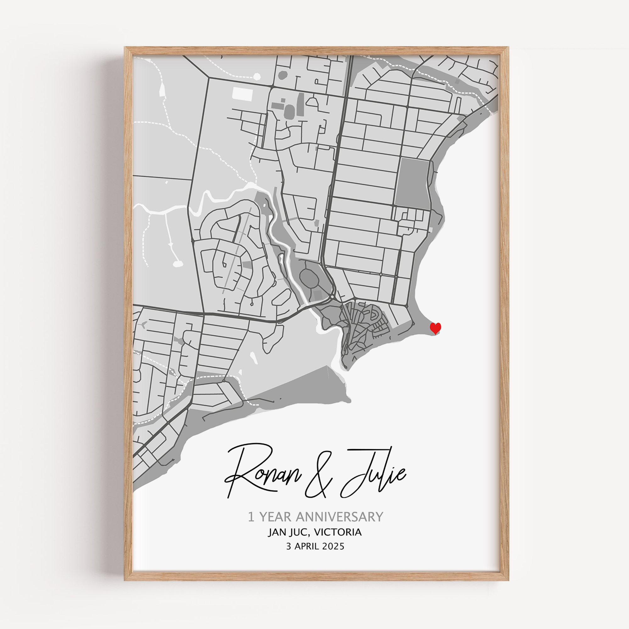 Custom map print displaying a chosen location in traditional map shape, personalized with coordinates, names, and a special date to mark a meaningful moment.