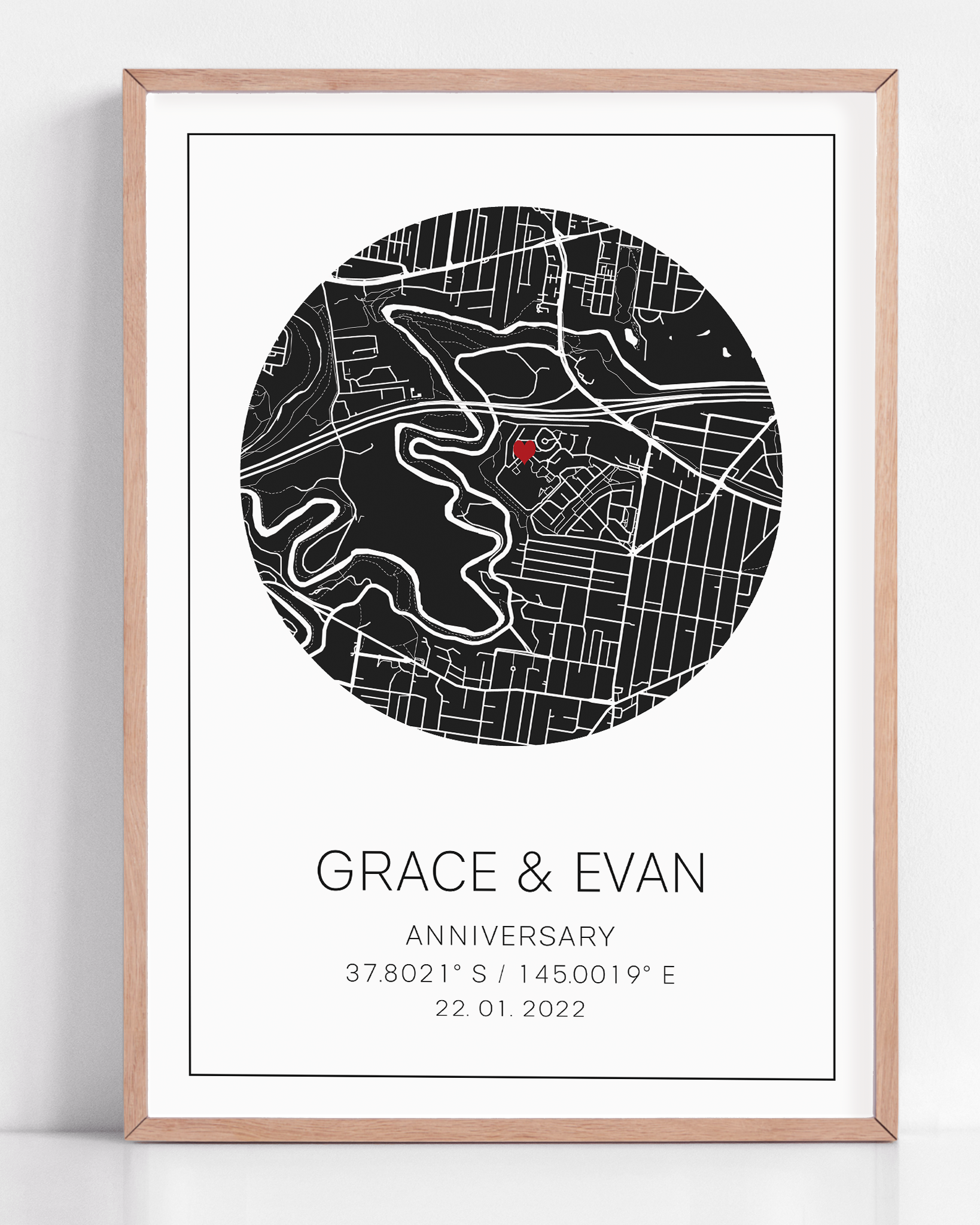 A framed print of a custom 1 year anniversary gift. This custom map print shows the circle anniversary map. The design is unique to your date, location and is purchased as a personalized gift.