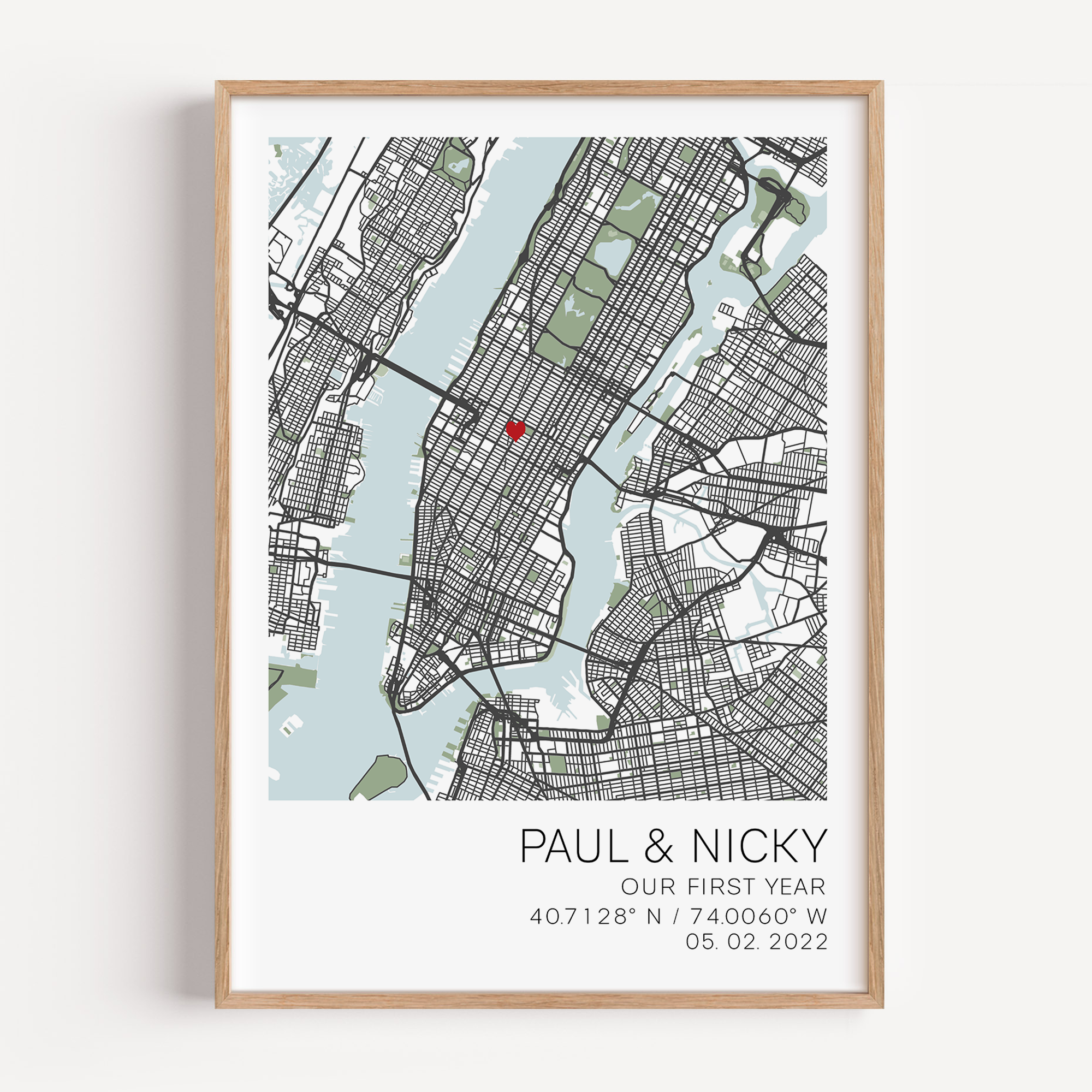 Custom-framed 5-year anniversary gift featuring a personalized message, couple's names, and wedding date, elegantly displayed with a wood or metallic frame and minimalist design, symbolizing half a decade of love and commitment.