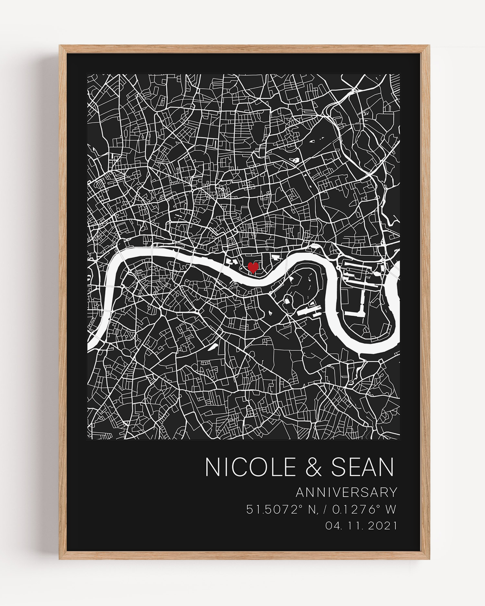 Custom anniversary map print showing a heart-shaped map centered on a meaningful location, marked with geographic coordinates and personalized names or date.