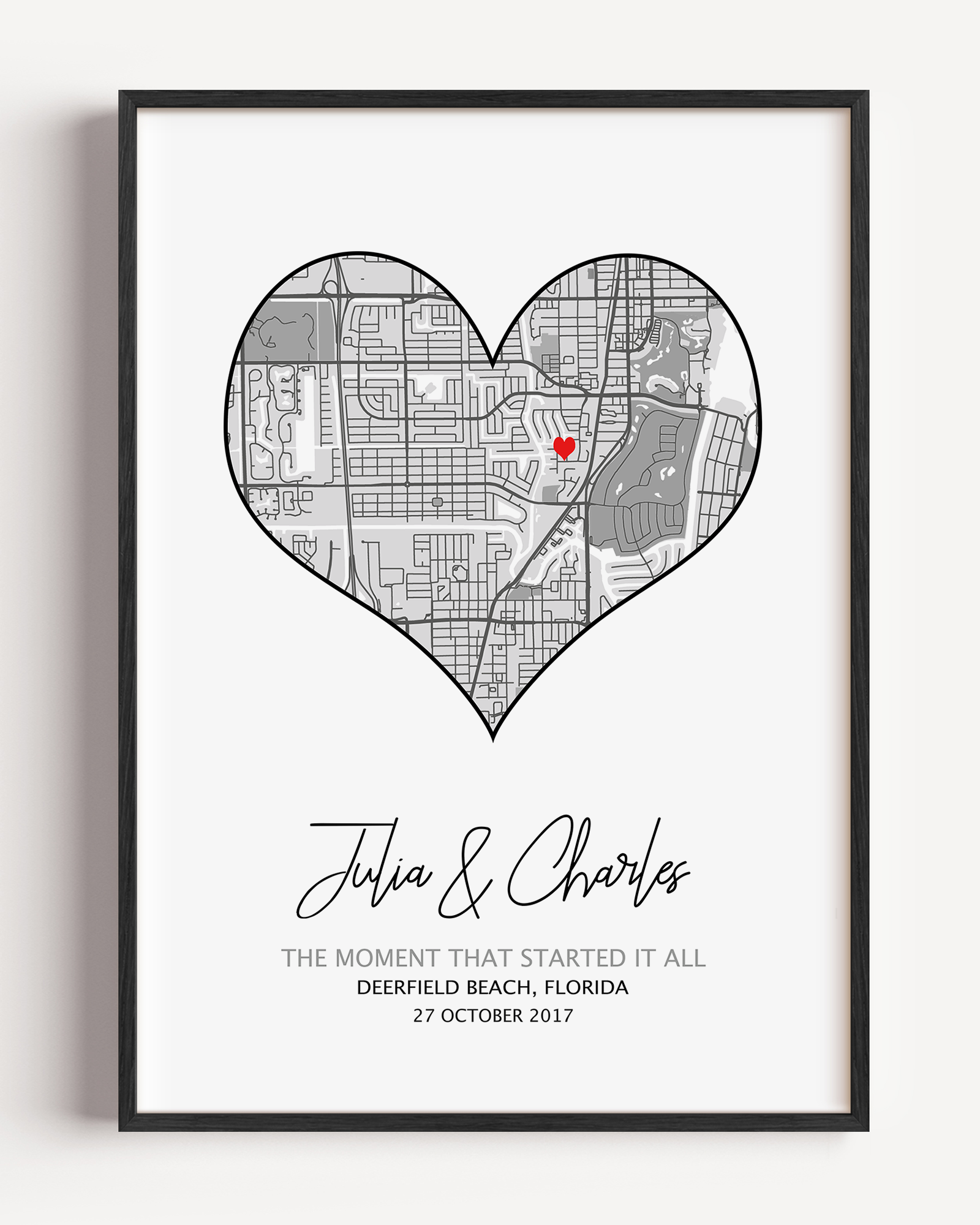 Heart-shaped custom map print featuring a meaningful location with personalized coordinates, names, and date—symbolizing love and a special memory.