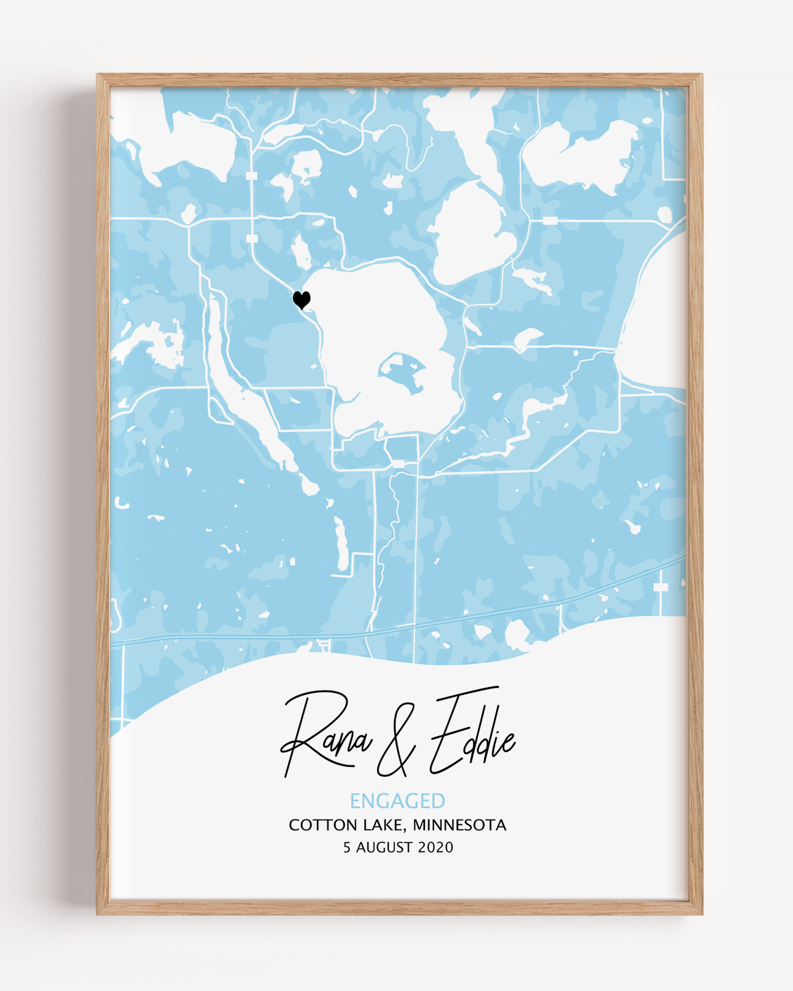 Personalized anniversary map print featuring a custom location with coordinates, names, and date—commemorating a special moment or place in a couple’s love story.