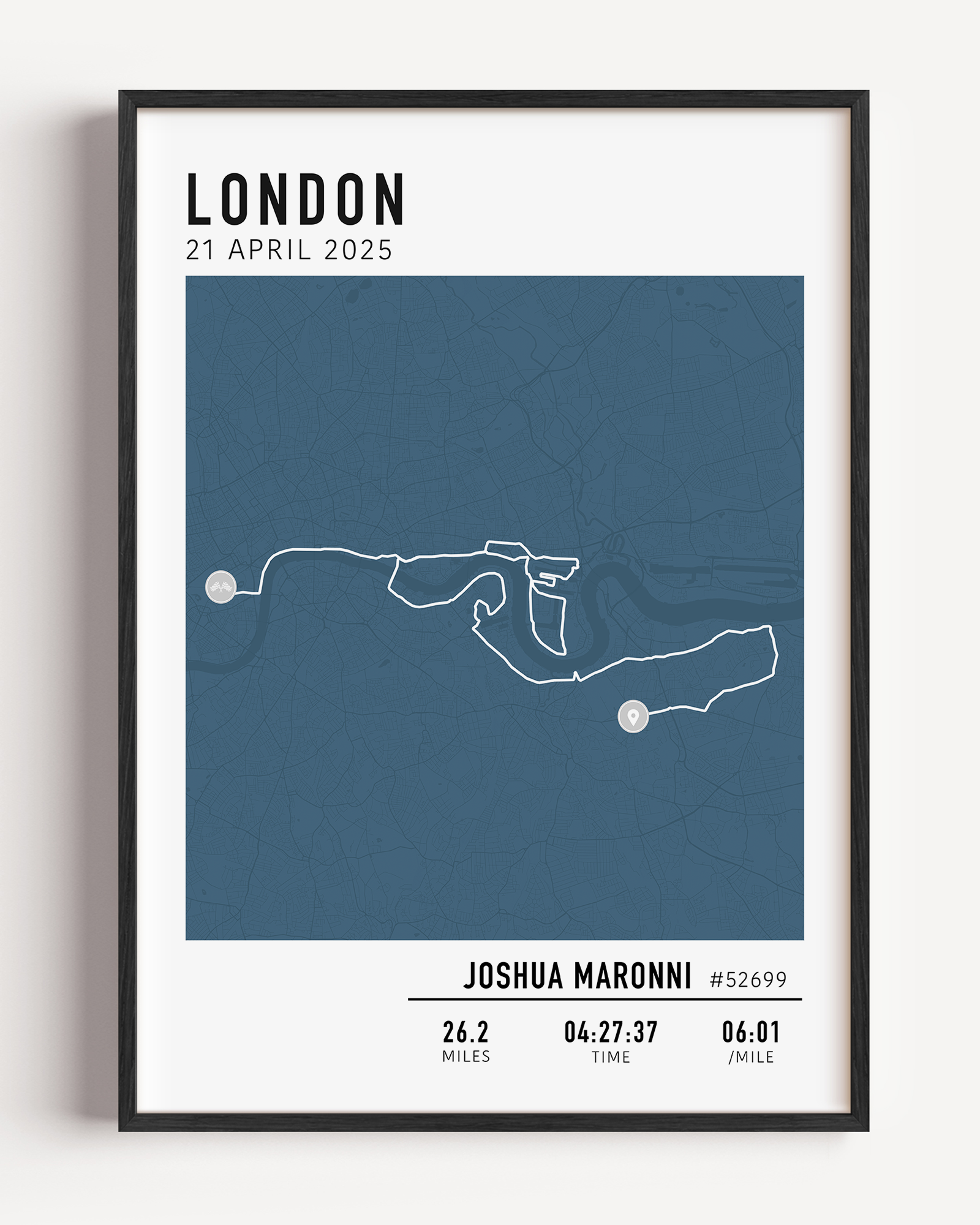 Framed custom art print of a marathon route, showing a minimalist line map of the running course with labeled start and finish points, event name, date, and distance.