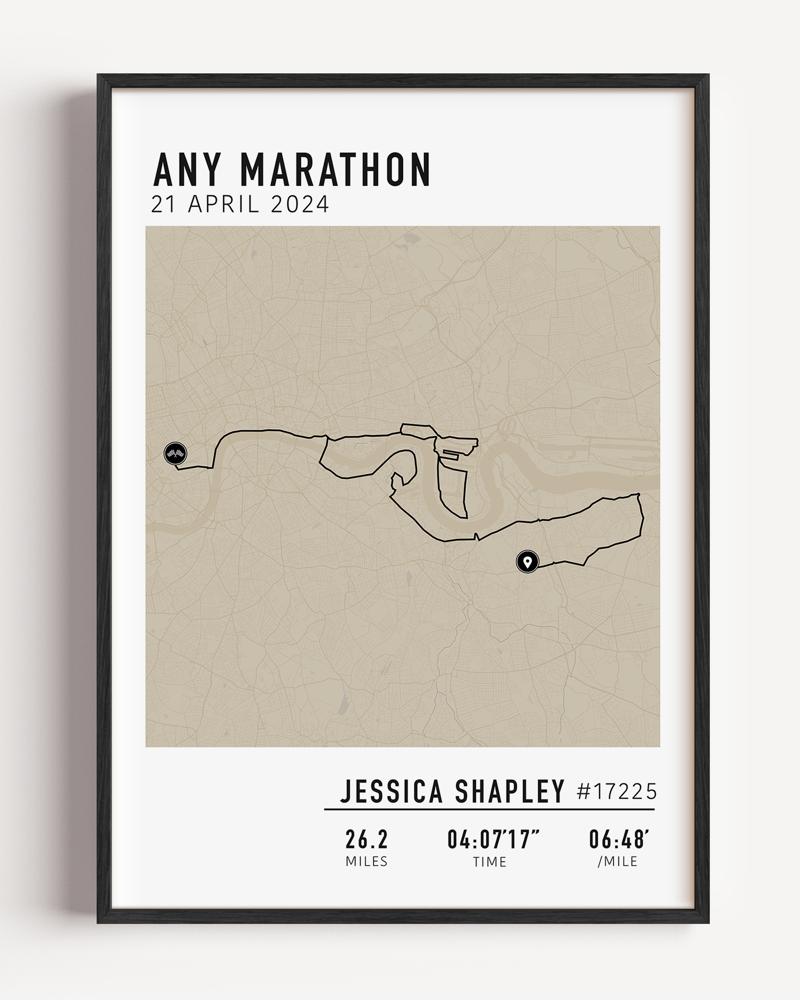 Framed custom art print of a marathon route, showing a minimalist line map of the running course with labeled start and finish points, event name, date, and distance.