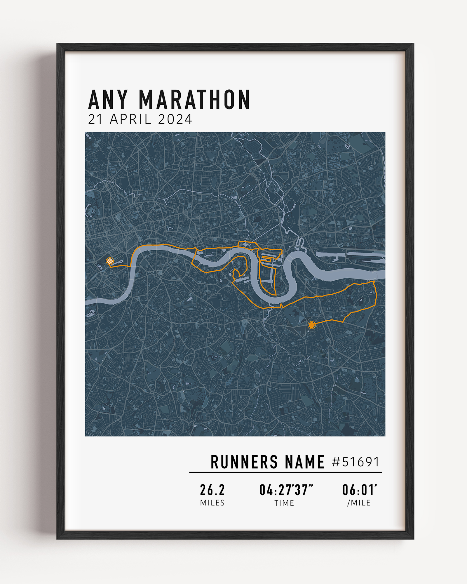 Custom marathon map poster displaying a personalized race route, created from GPX data. Perfect keepsake or marathon route gift for runners celebrating their achievements and special race moments.