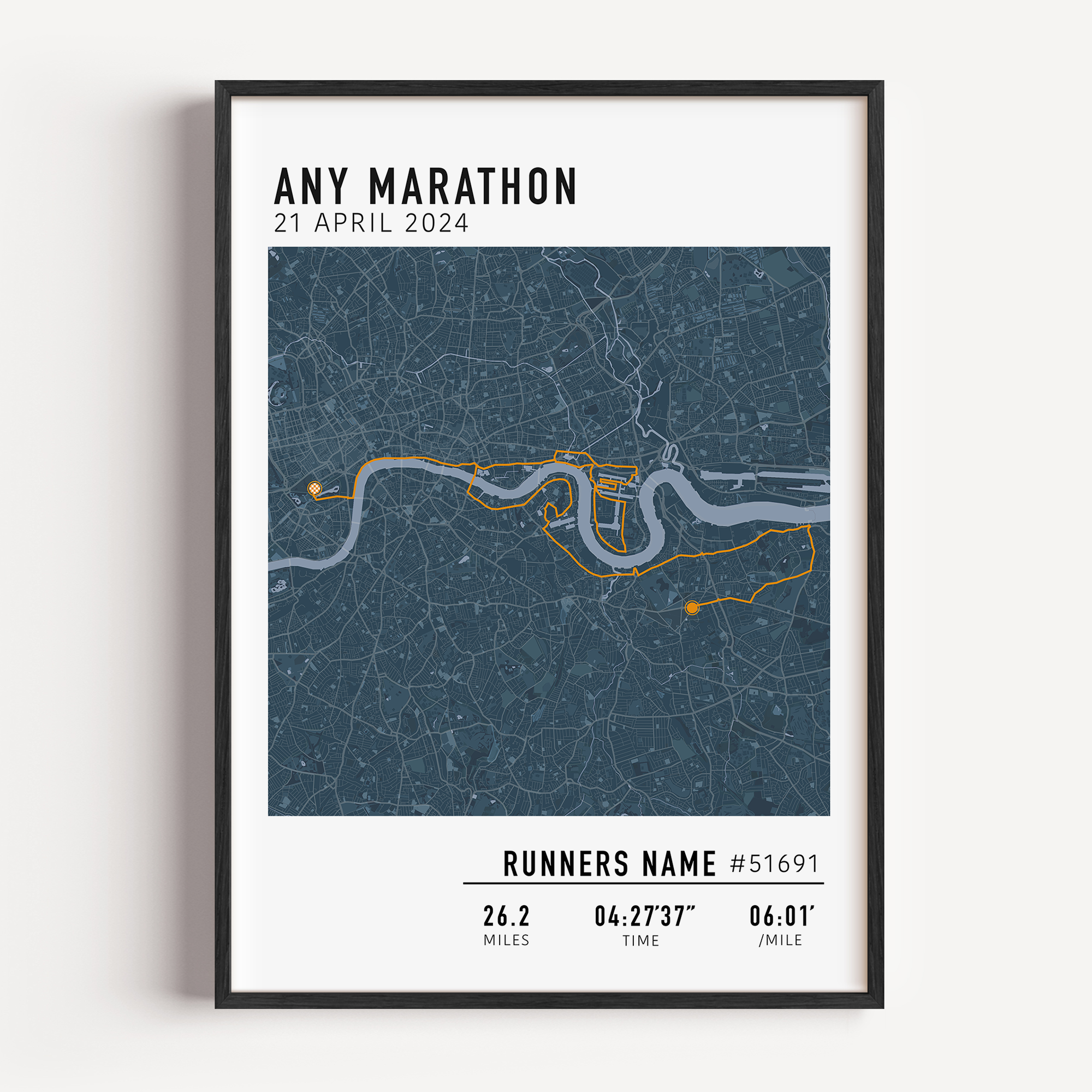 Custom marathon map poster displaying a personalized race route, created from GPX data. Perfect keepsake or marathon route gift for runners celebrating their achievements and special race moments.