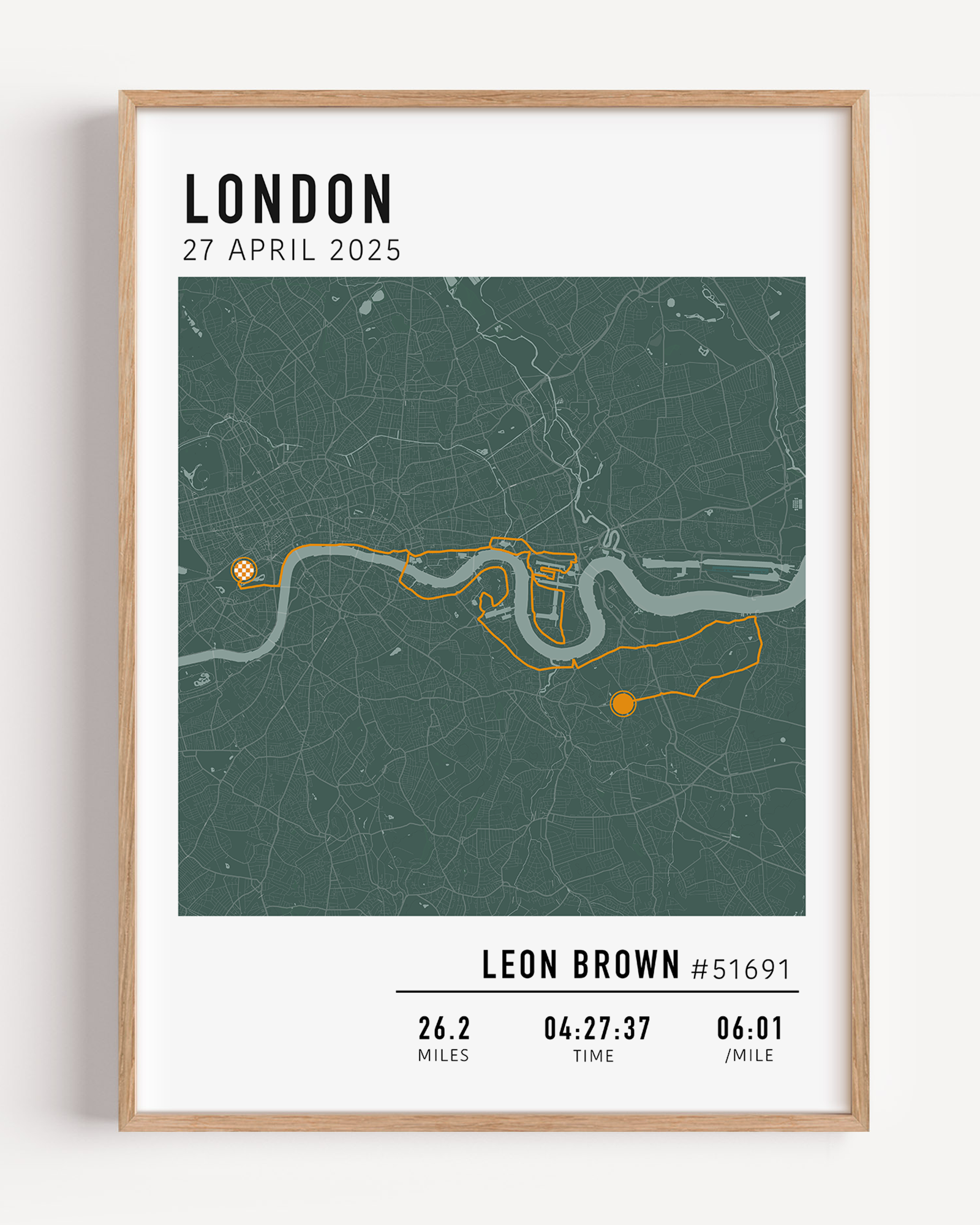 Custom marathon map poster displaying a personalized race route, created from GPX data. Perfect keepsake or marathon route gift for runners celebrating their achievements and special race moments.