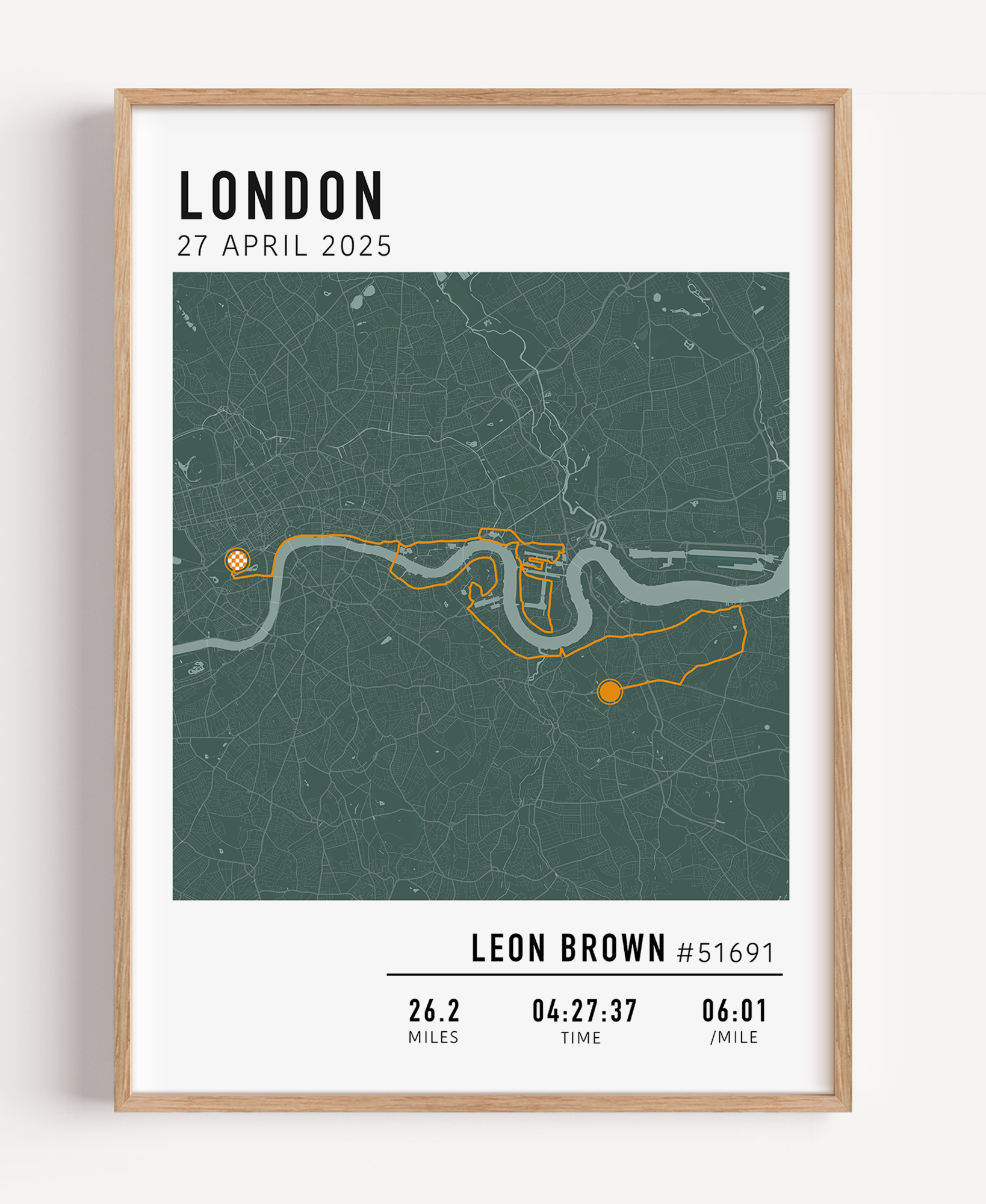 Custom marathon map poster displaying a personalized race route, created from GPX data. Perfect keepsake or marathon route gift for runners celebrating their achievements and special race moments.