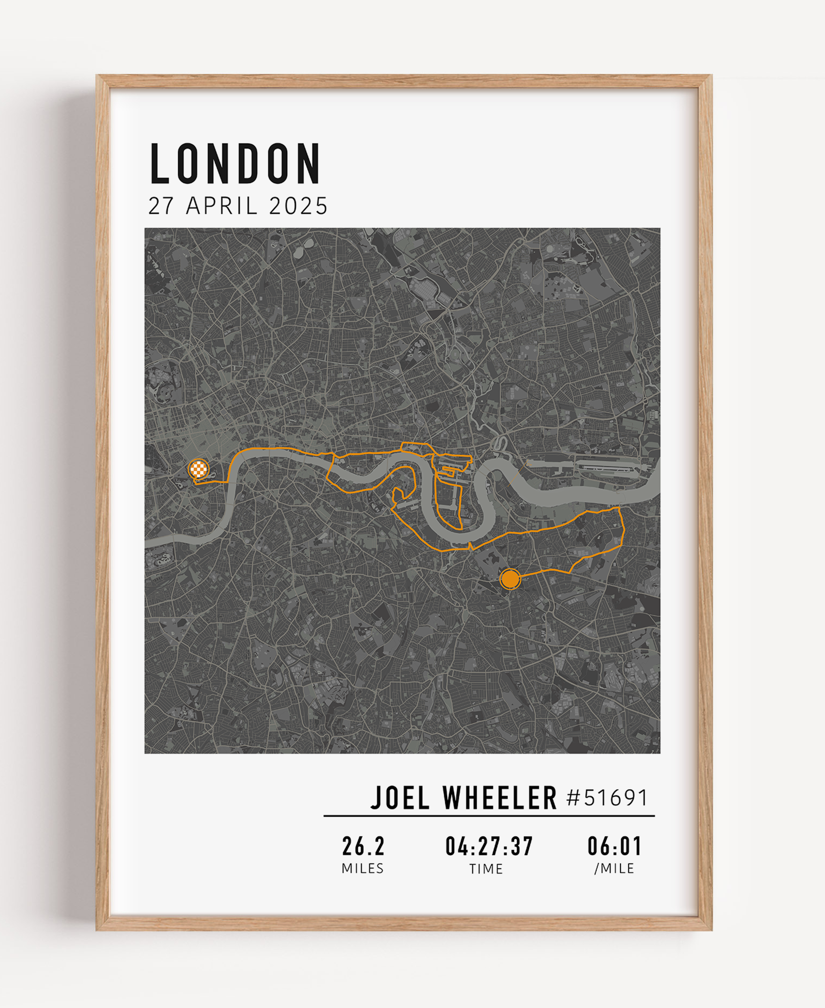 Custom marathon map poster displaying a personalized race route, created from GPX data. Perfect keepsake or marathon route gift for runners celebrating their achievements and special race moments.