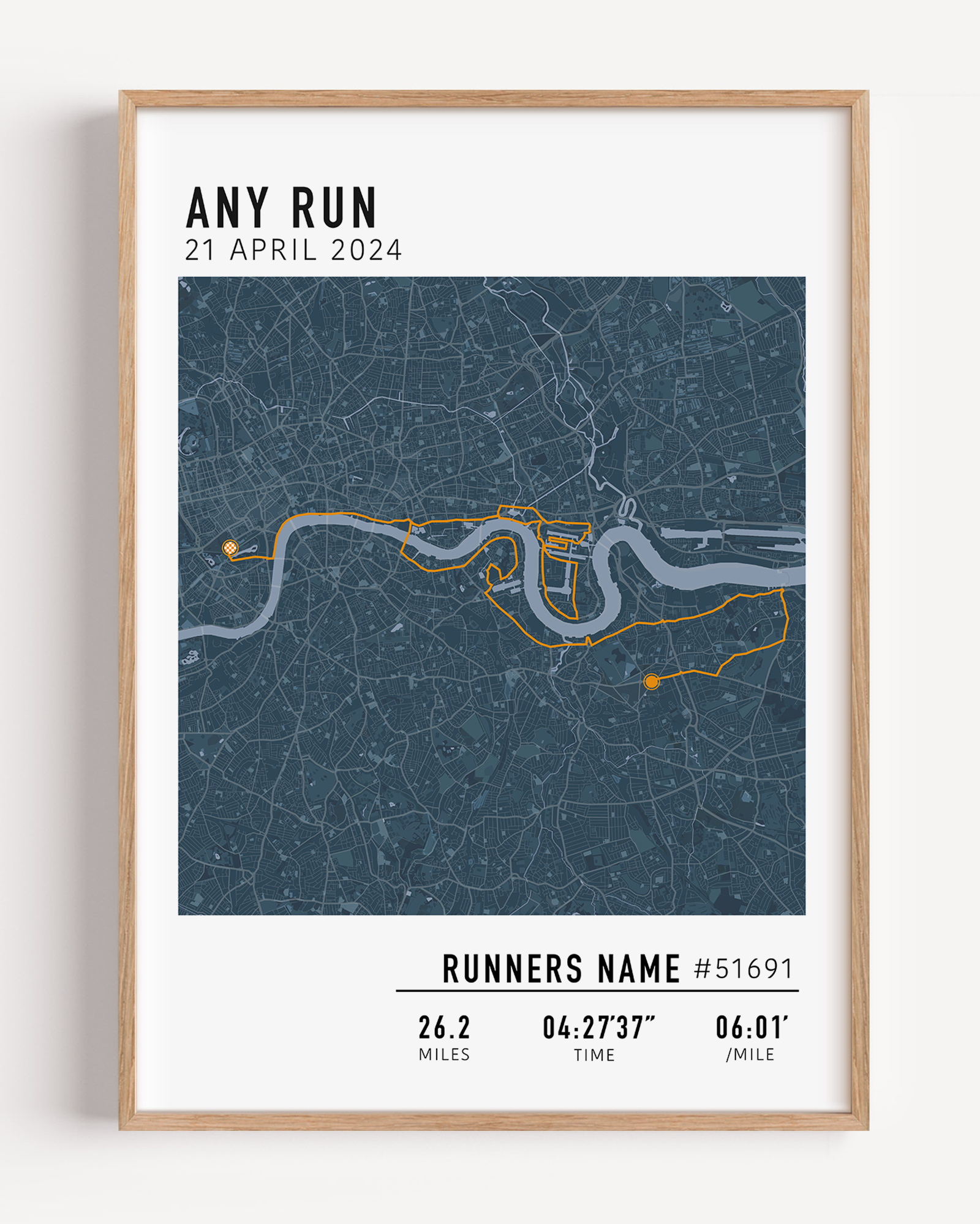 Custom any run map poster displaying a personalized race route, created from GPX data. Any marathon print. Perfect keepsake or marathon route gift for runners.