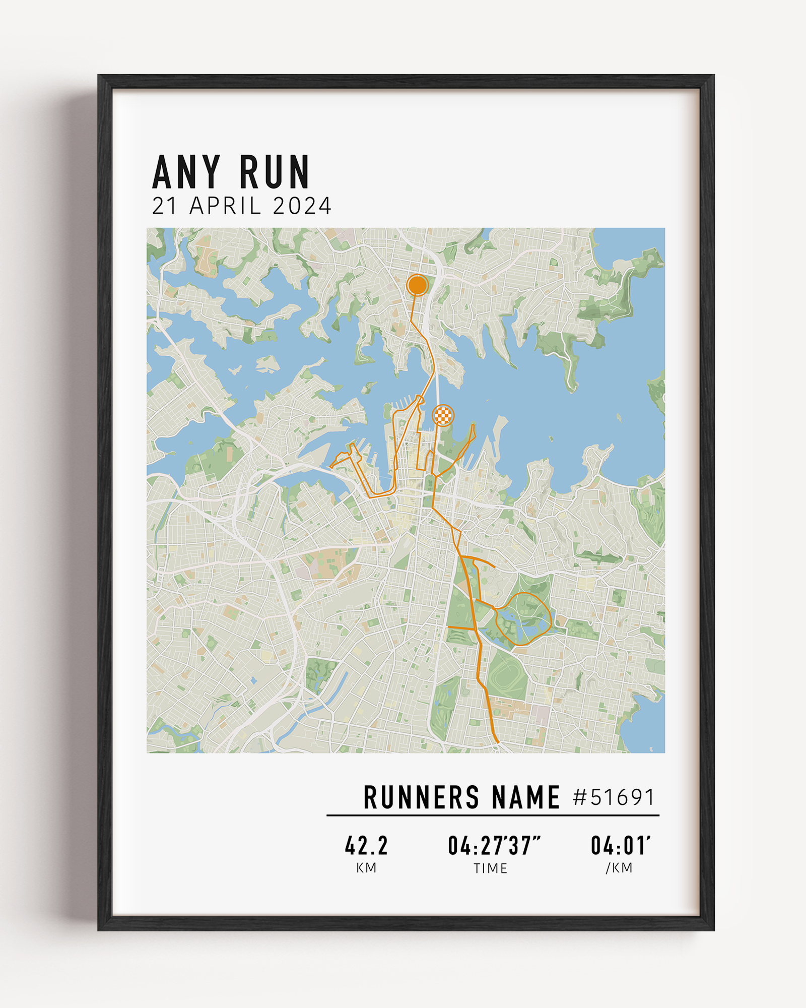 Custom any run map poster displaying a personalized race route, created from GPX data. Any marathon print. Perfect keepsake or marathon route gift for runners.