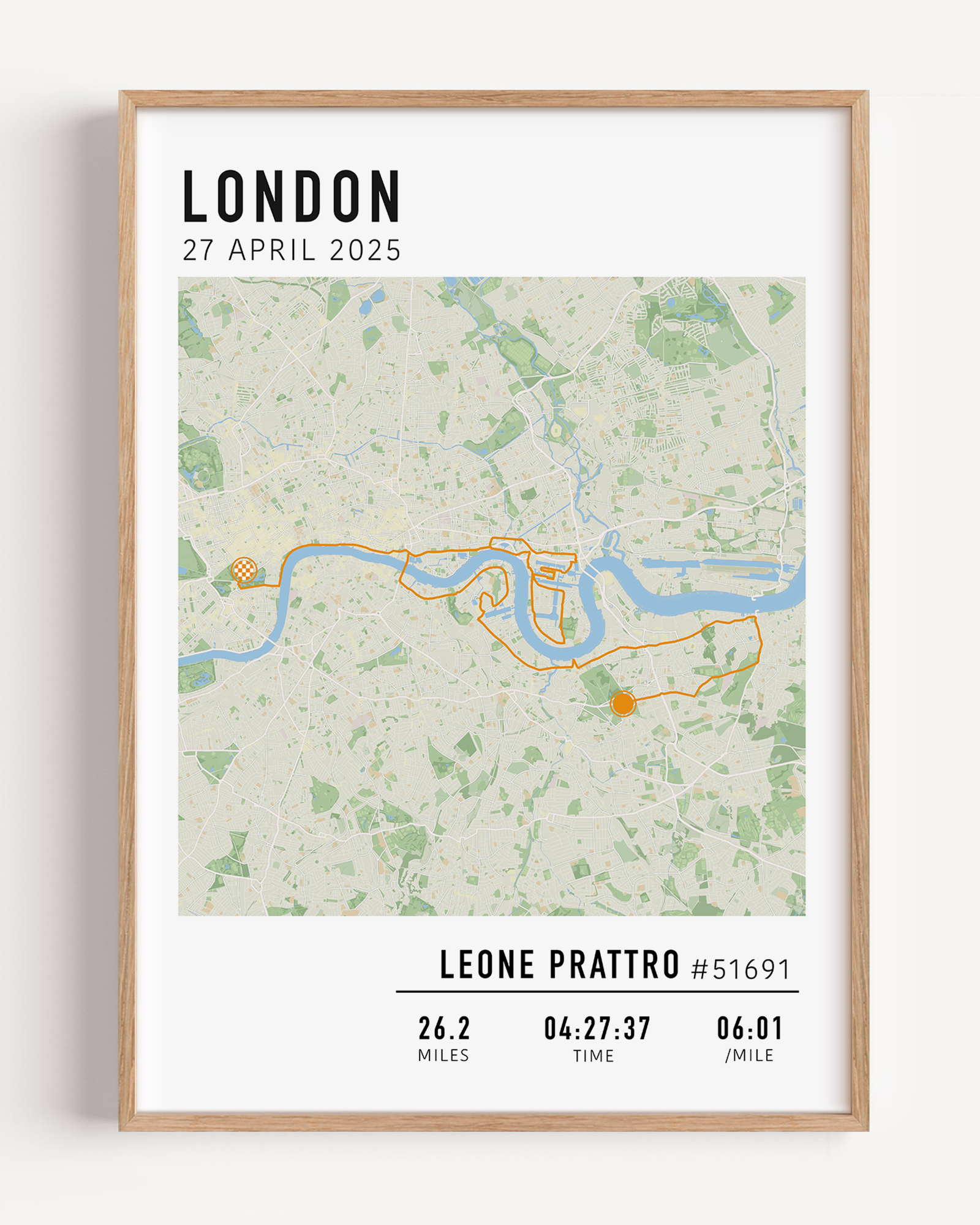 Custom marathon map poster displaying a personalized race route, created from GPX data. Perfect keepsake or marathon route gift for runners celebrating their achievements and special race moments.