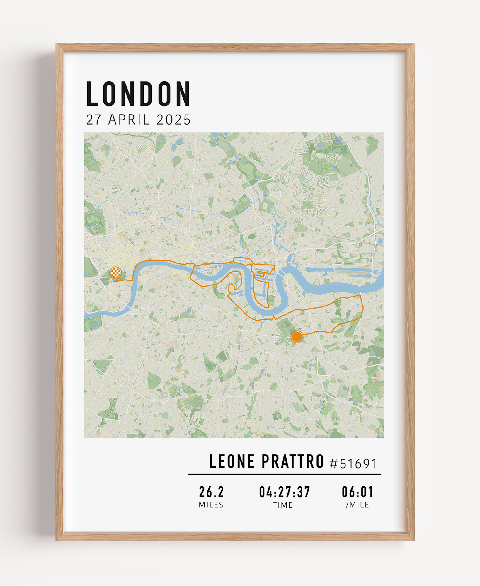 Custom marathon map poster displaying a personalized race route, created from GPX data. Perfect keepsake or marathon route gift for runners celebrating their achievements and special race moments.