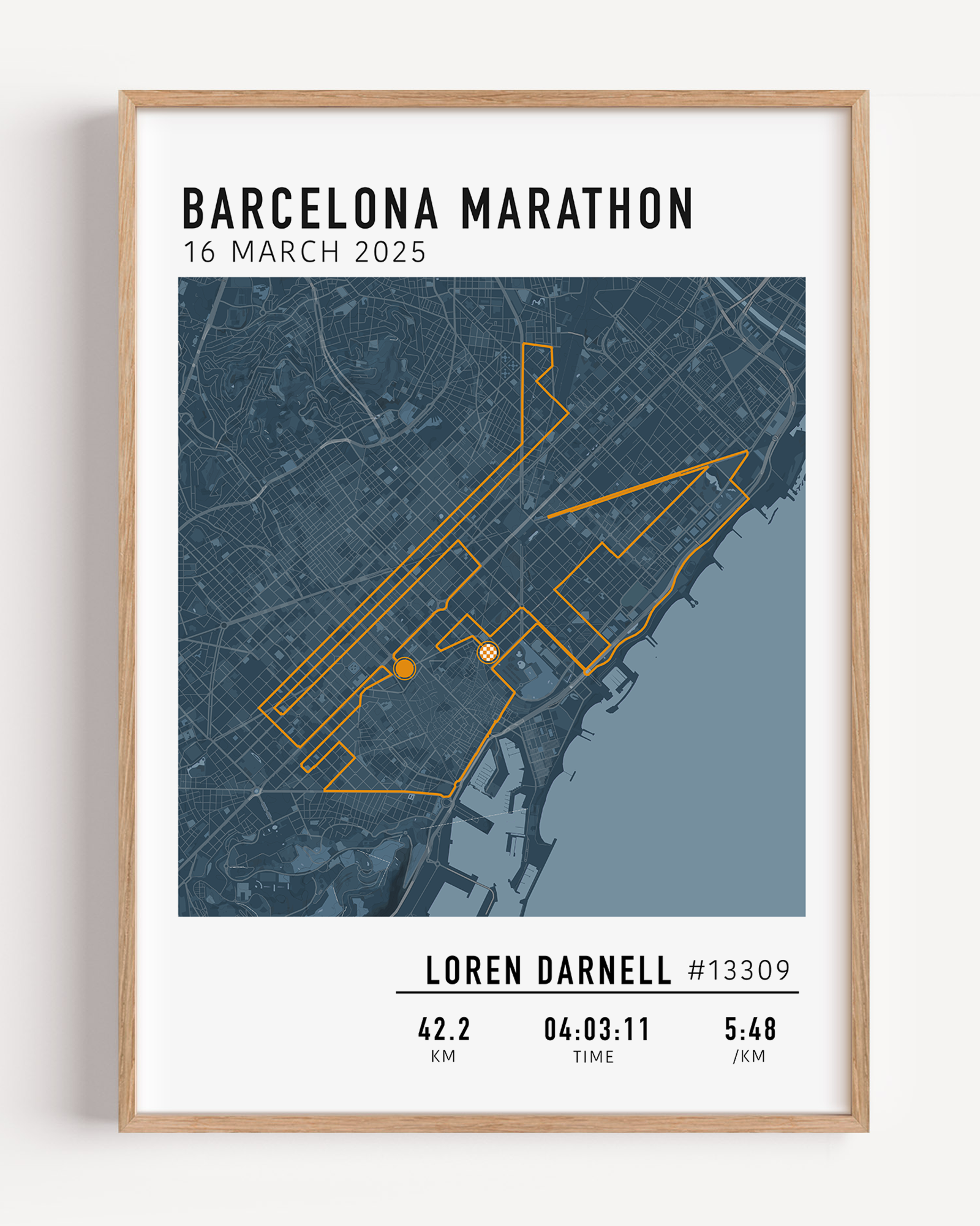 Framed poster of a map for the Barcelona Marathon with personal details.