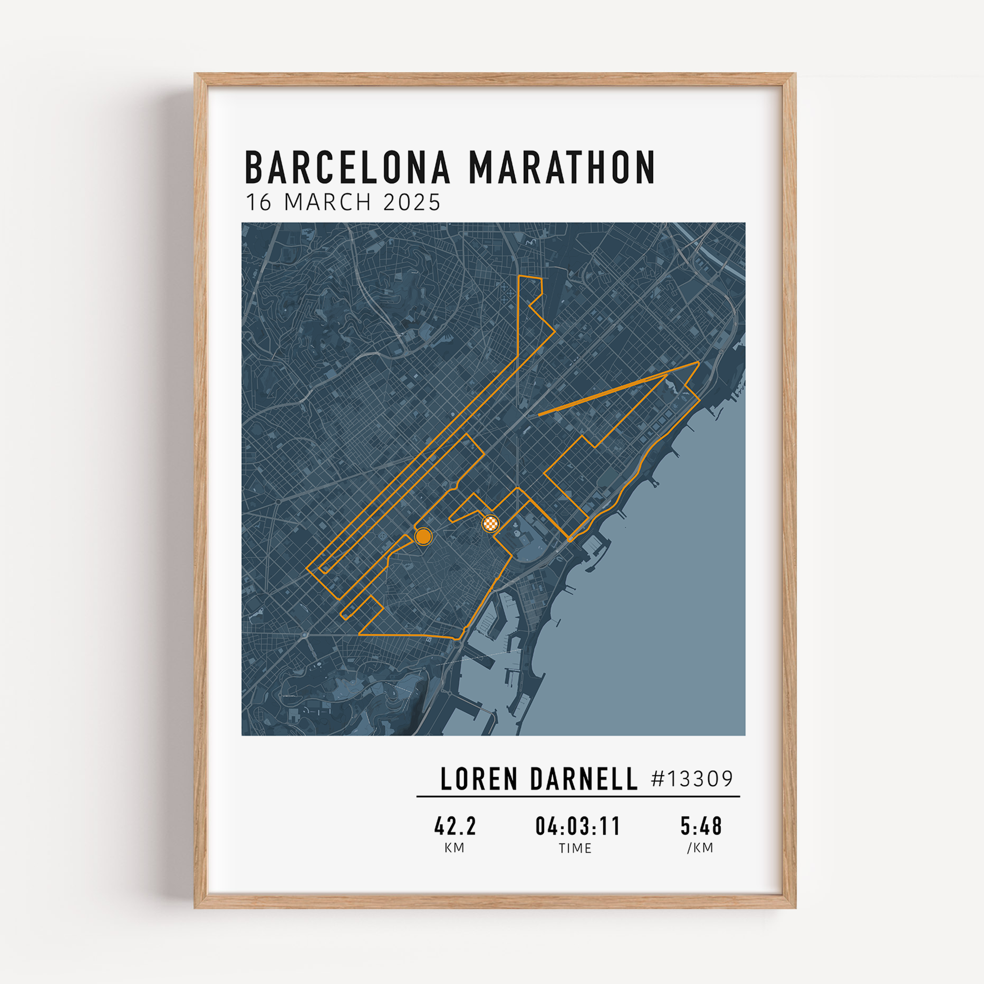 Framed poster of a map for the Barcelona Marathon with personal details.