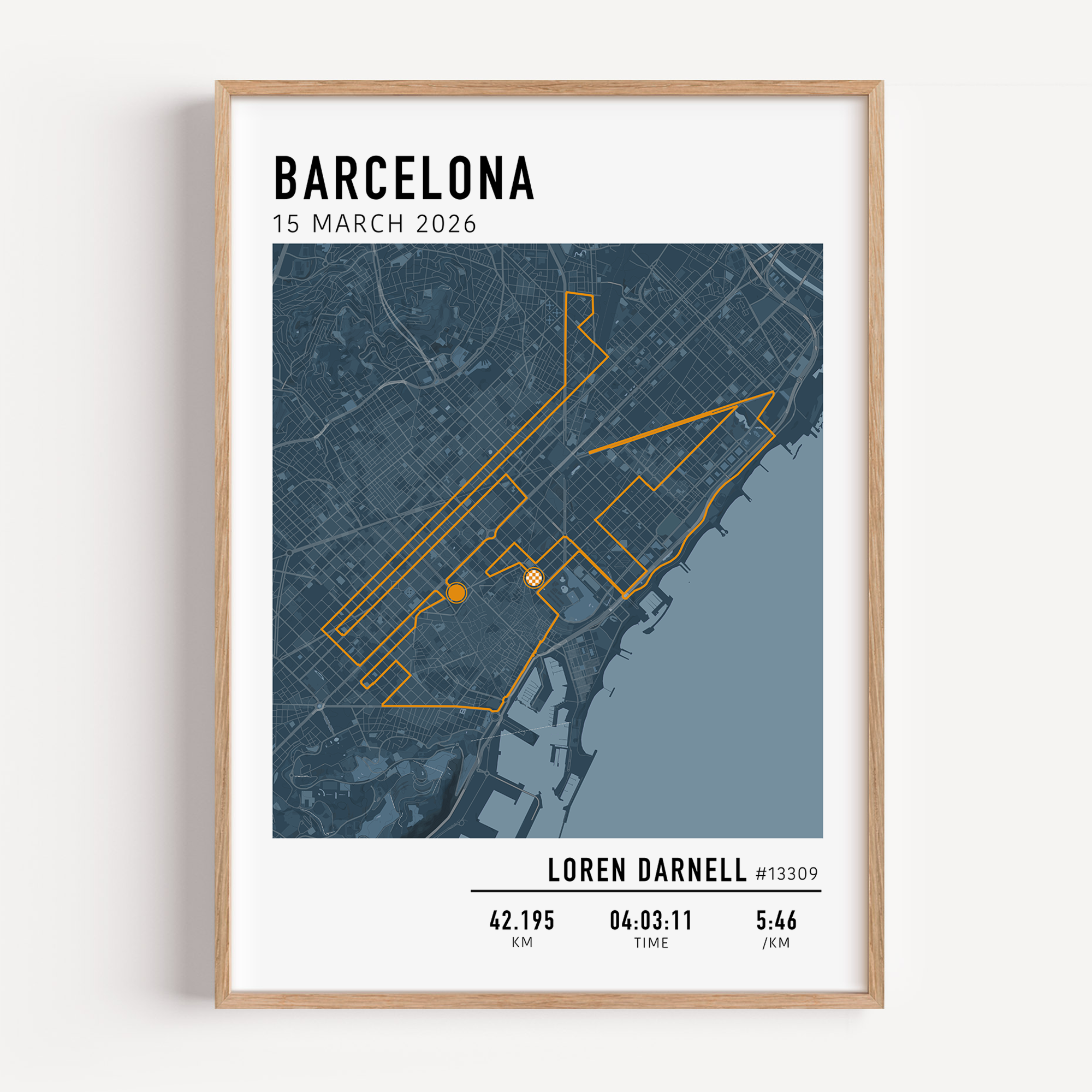 Framed poster of a map for the Barcelona Marathon with personal details.