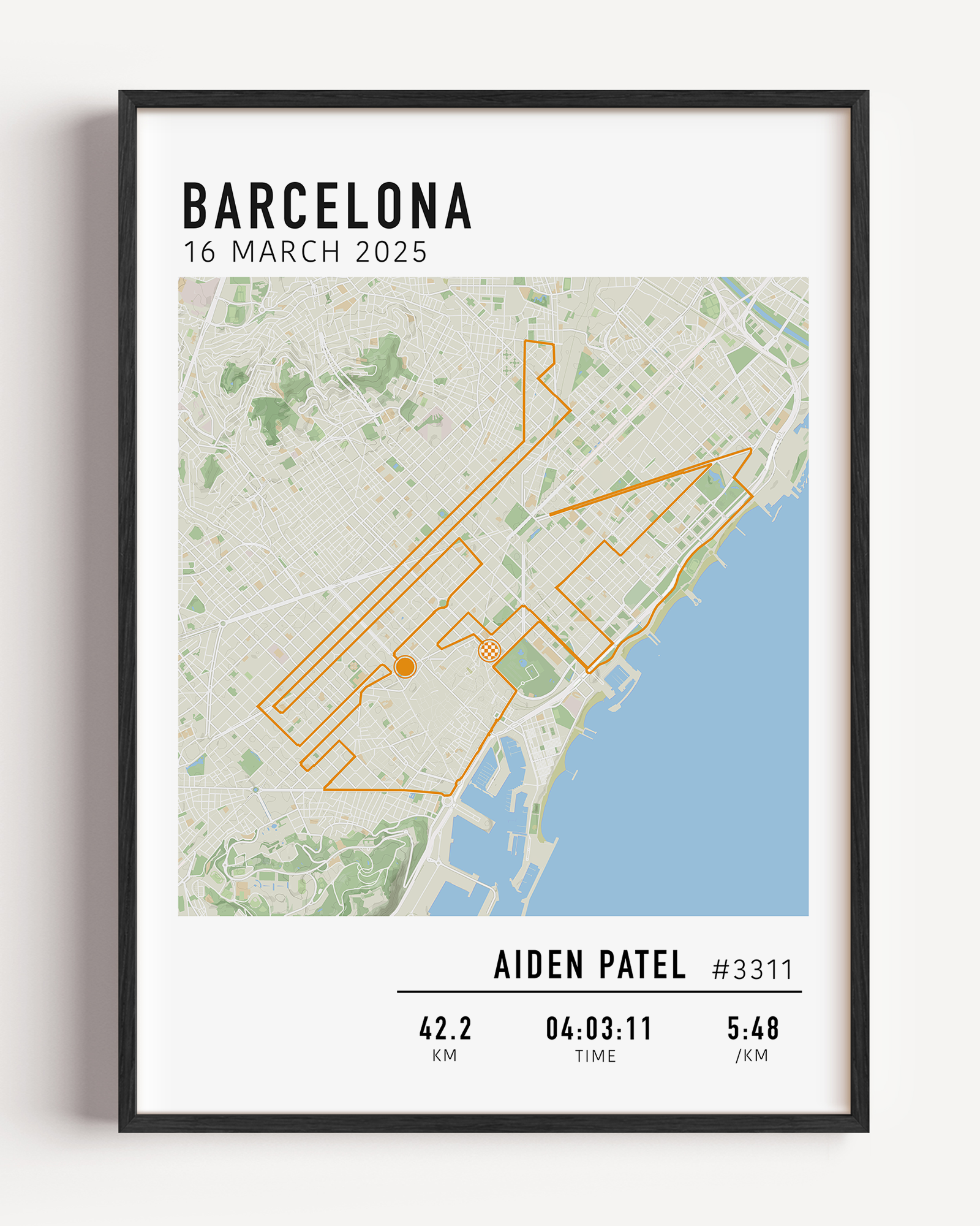 Barcelona Marathon Print Gift for Runners Post Race Gift, framed Marató Barcelona route print with custom statistics and time. Showcase the marathon map poster