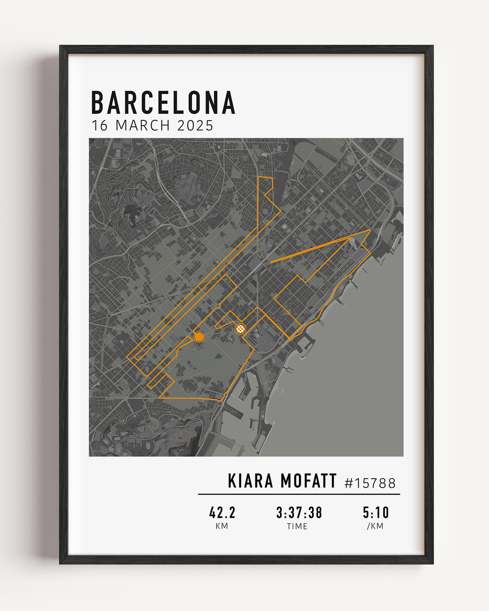 Barcelona Marathon Print Gift for Runners Post Race Gift, framed Barcelona Marathon route print with custom statistics and time. Showcase the marathon map poster