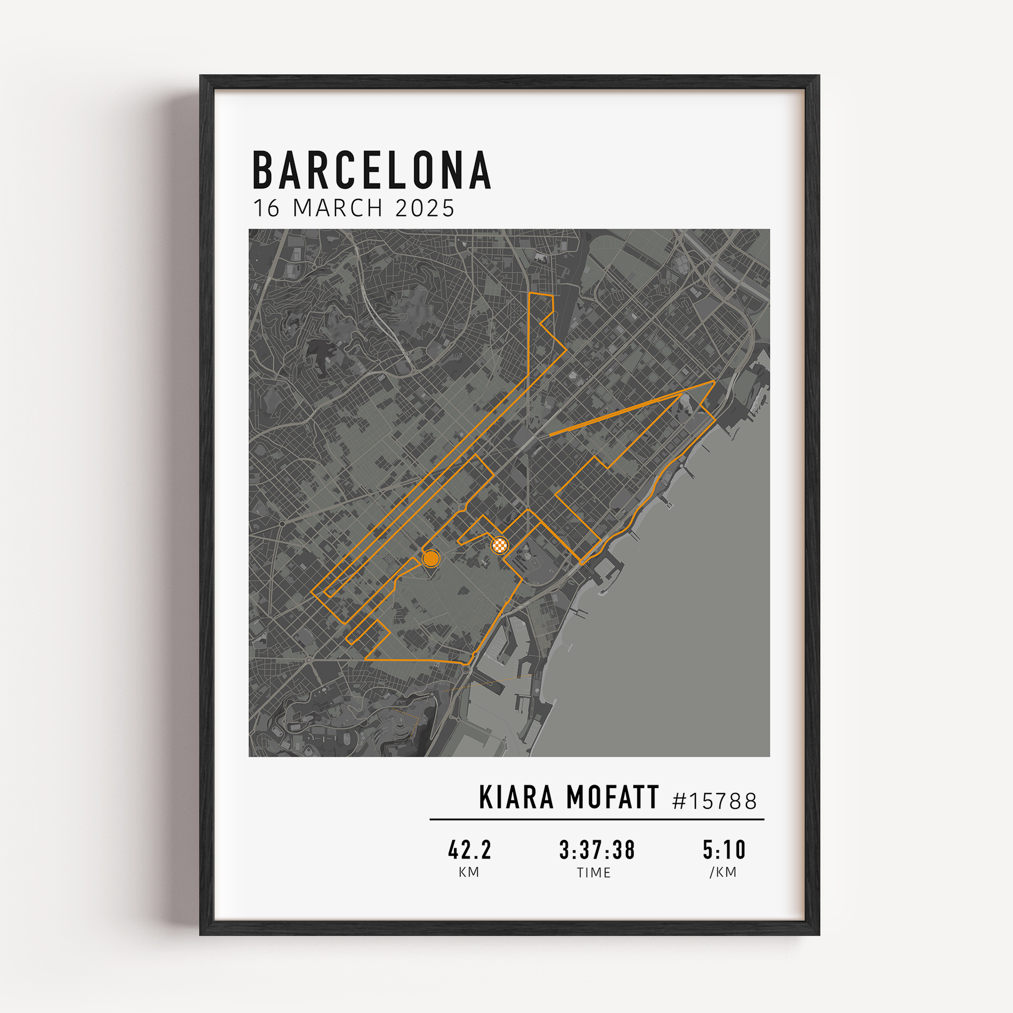 Barcelona Marathon Print Gift for Runners Post Race Gift, framed Barcelona Marathon route print with custom statistics and time. Showcase the marathon map poster