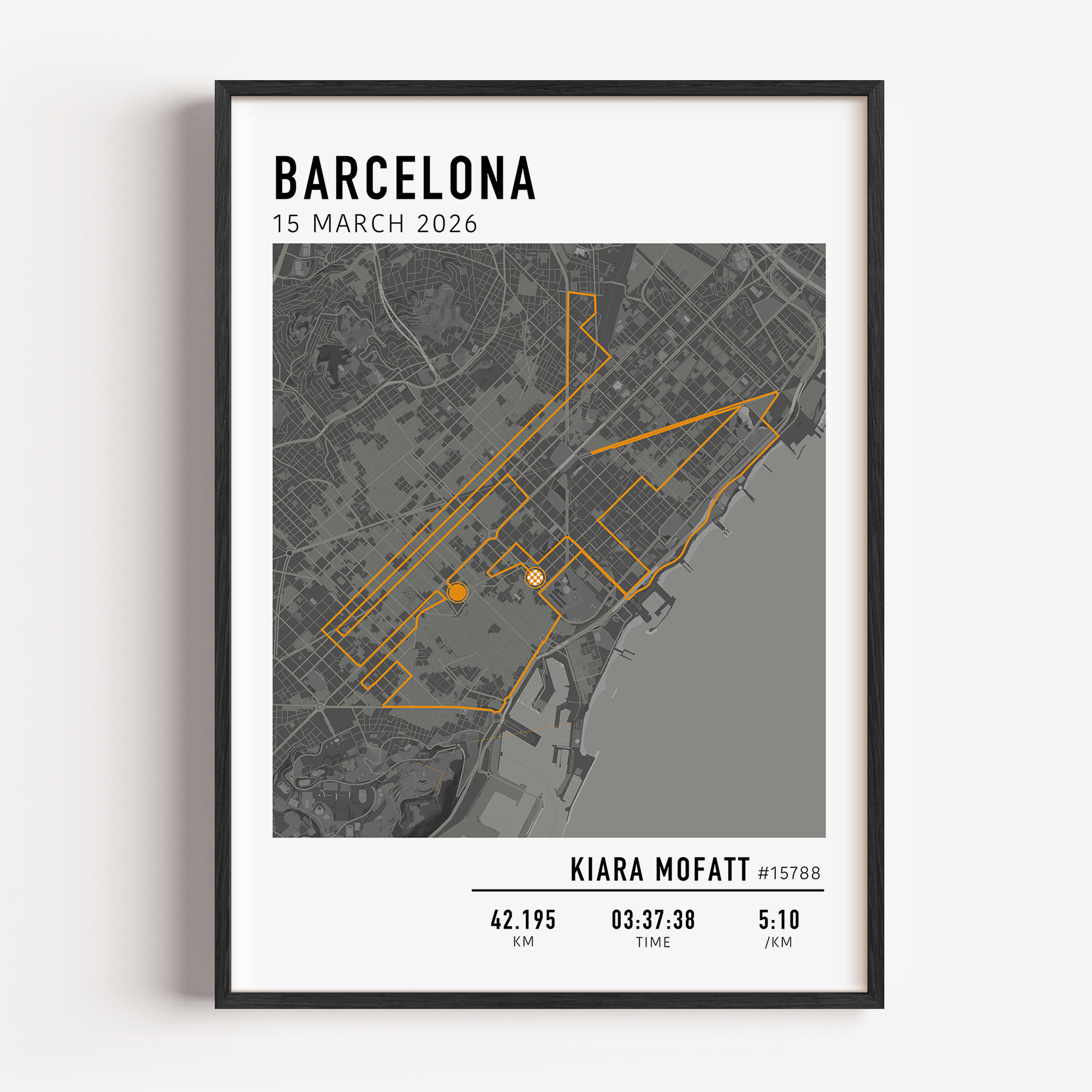 Barcelona Marathon Print Gift for Runners Post Race Gift, framed Barcelona Marathon route print with custom statistics and time. Showcase the marathon map poster