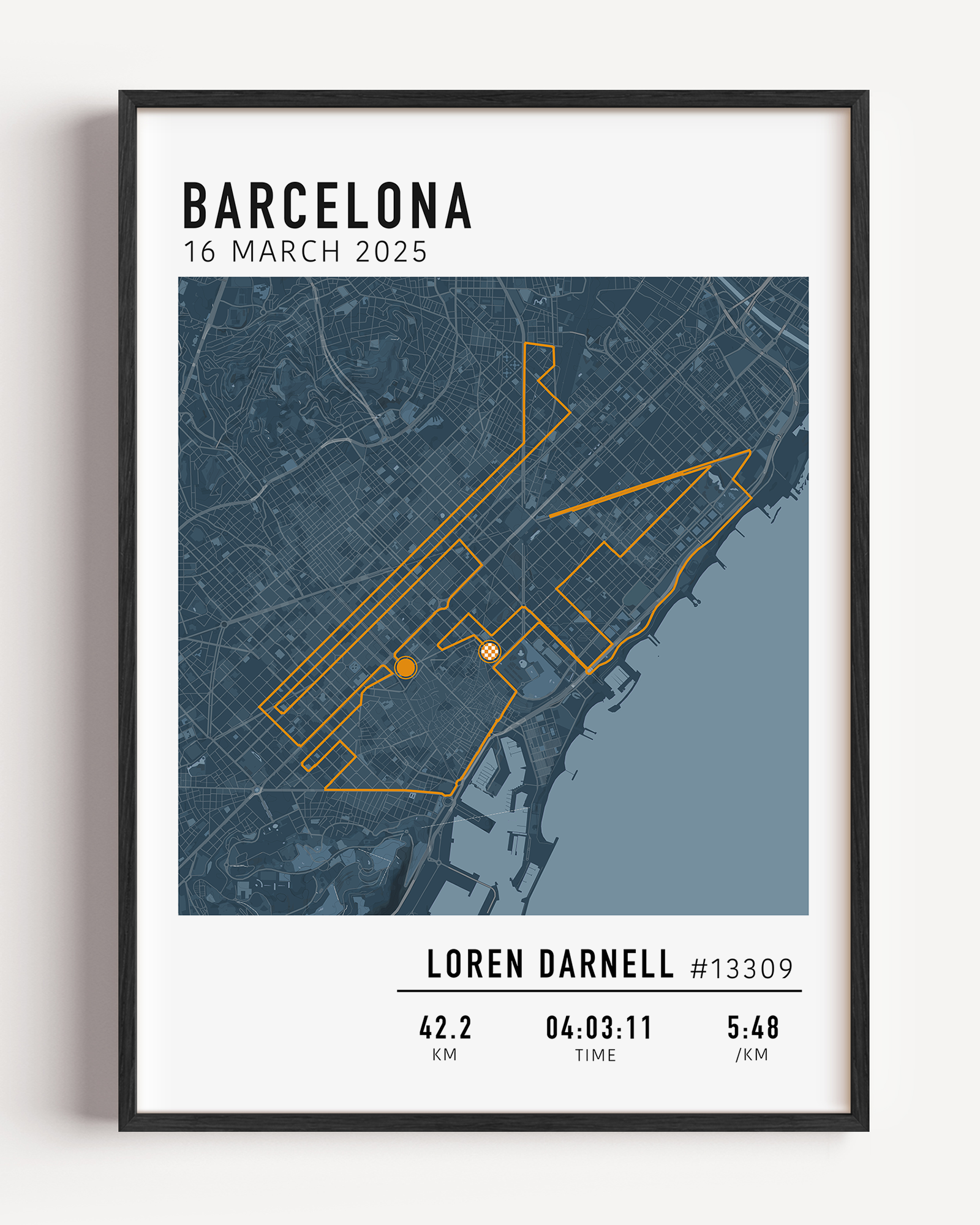 Barcelona Marathon Print Gift for Runners Post Race Gift, framed Marató Barcelona route print with custom statistics and time. Showcase the marathon map poster