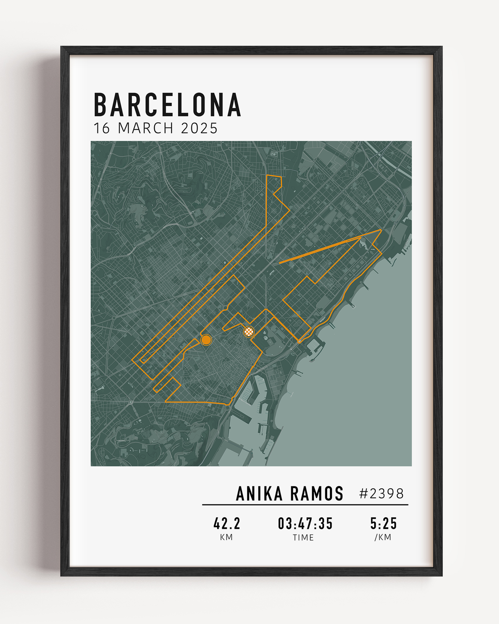 Barcelona Marathon Print Gift for Runners Post Race Gift, framed Marató Barcelona route print with custom statistics and time. Showcase the marathon map poster