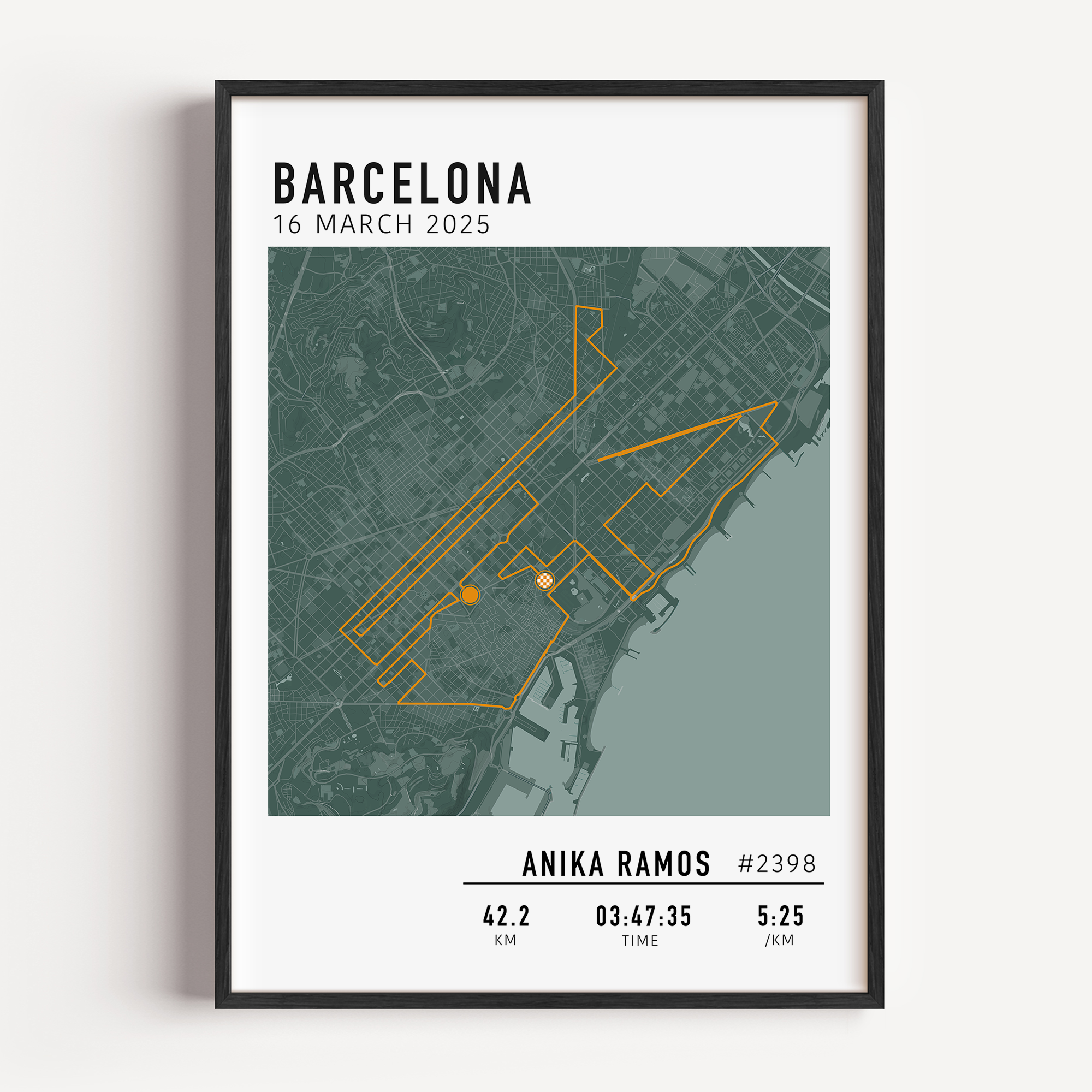 Barcelona Marathon Print Gift for Runners Post Race Gift, framed Marató Barcelona route print with custom statistics and time. Showcase the marathon map poster