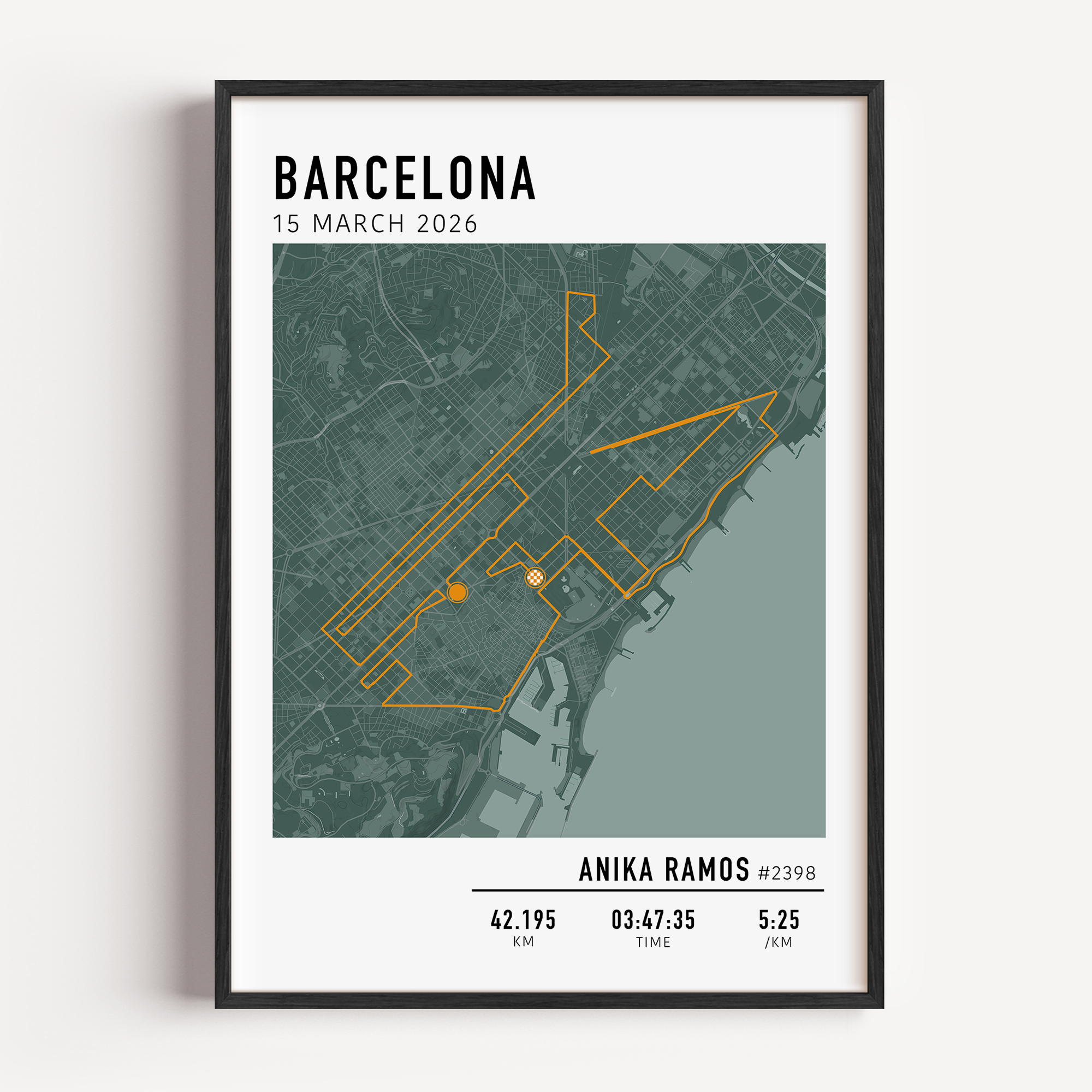 Barcelona Marathon Print Gift for Runners Post Race Gift, framed Marató Barcelona route print with custom statistics and time. Showcase the marathon map poster