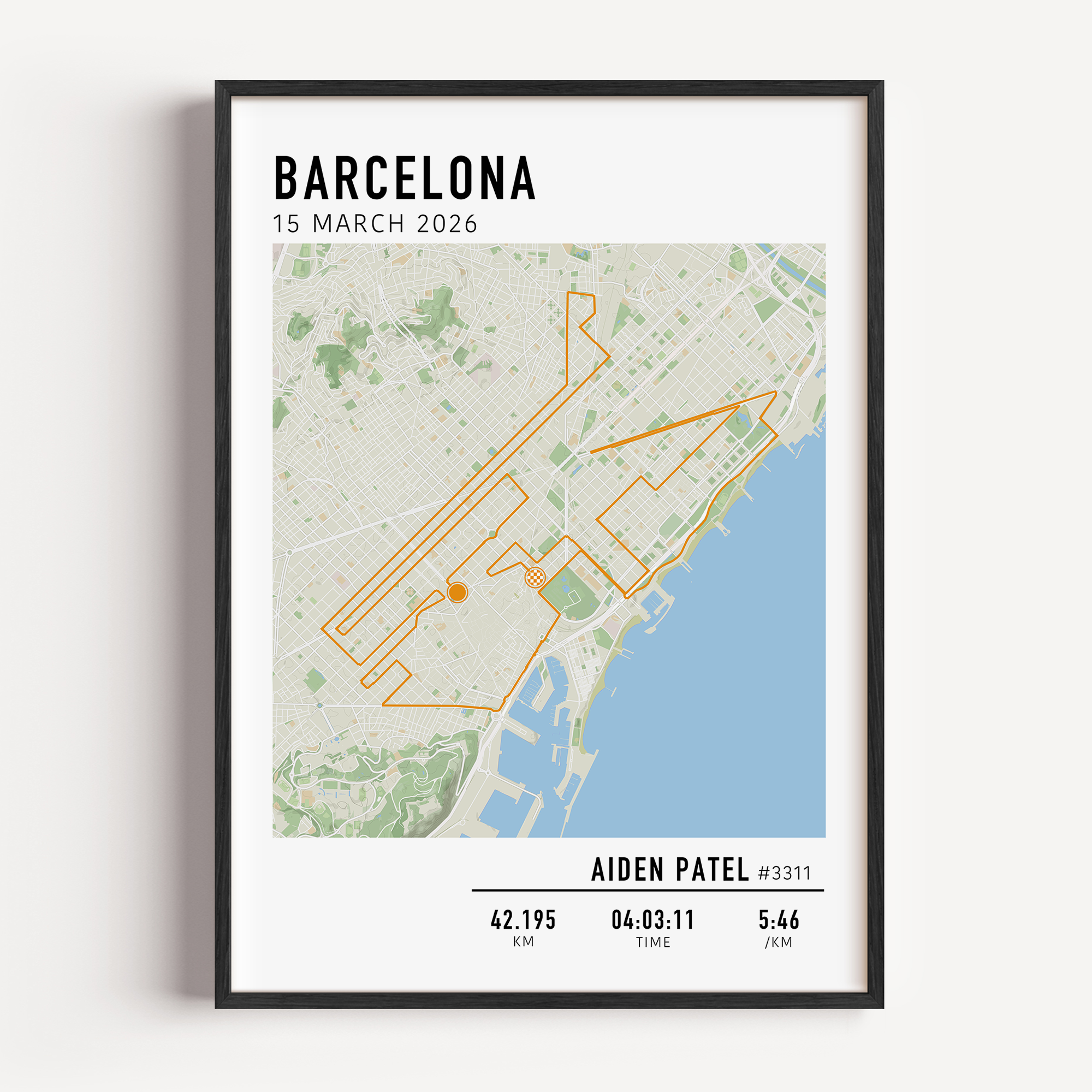 Barcelona Marathon Print Gift for Runners Post Race Gift, framed Marató Barcelona route print with custom statistics and time. Showcase the marathon map poster