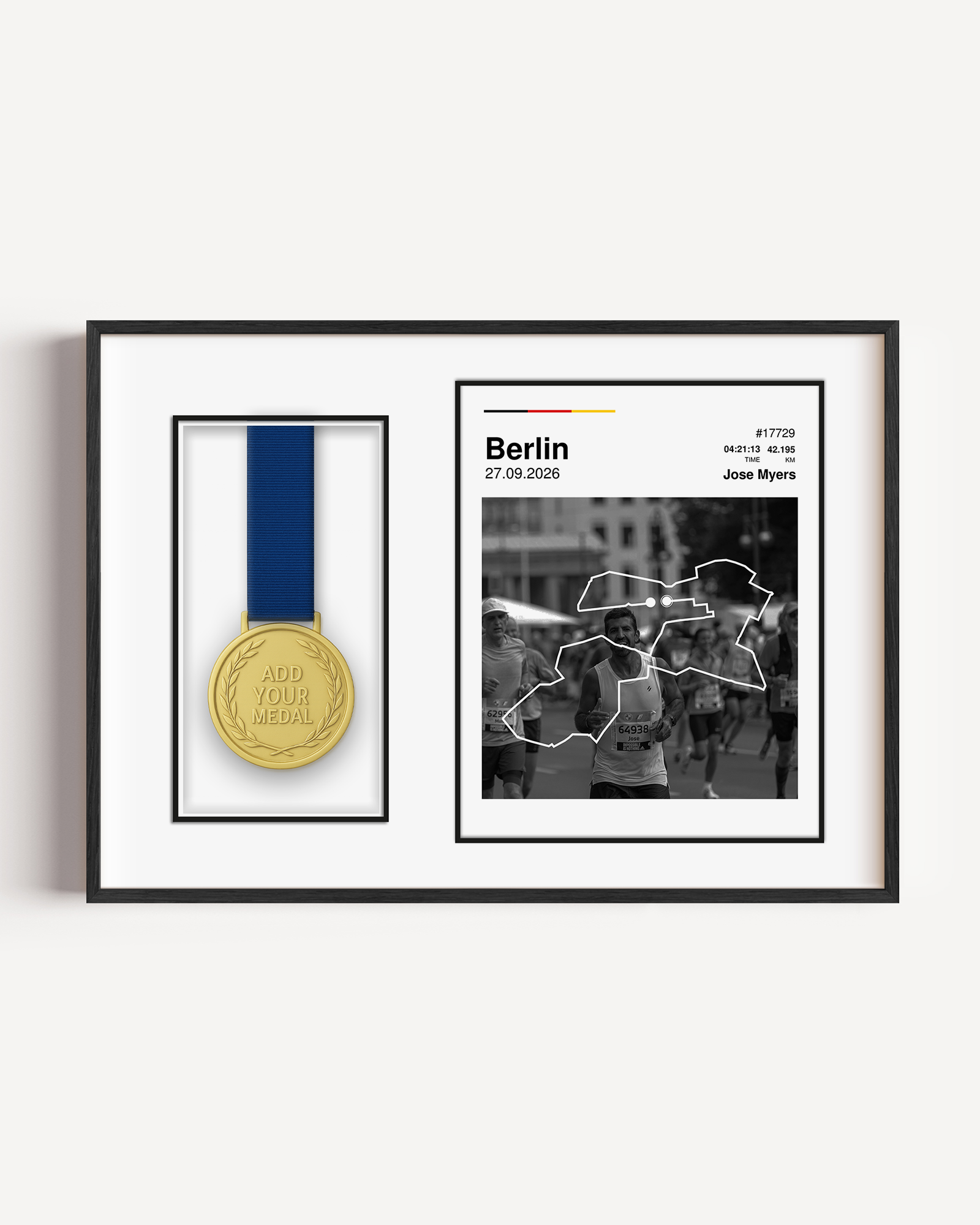 Custom Berlin Marathon medal display frame featuring a personalized runner photo, white route map, race stats, German flag colors, and a dedicated mount to hang the finisher medal.
