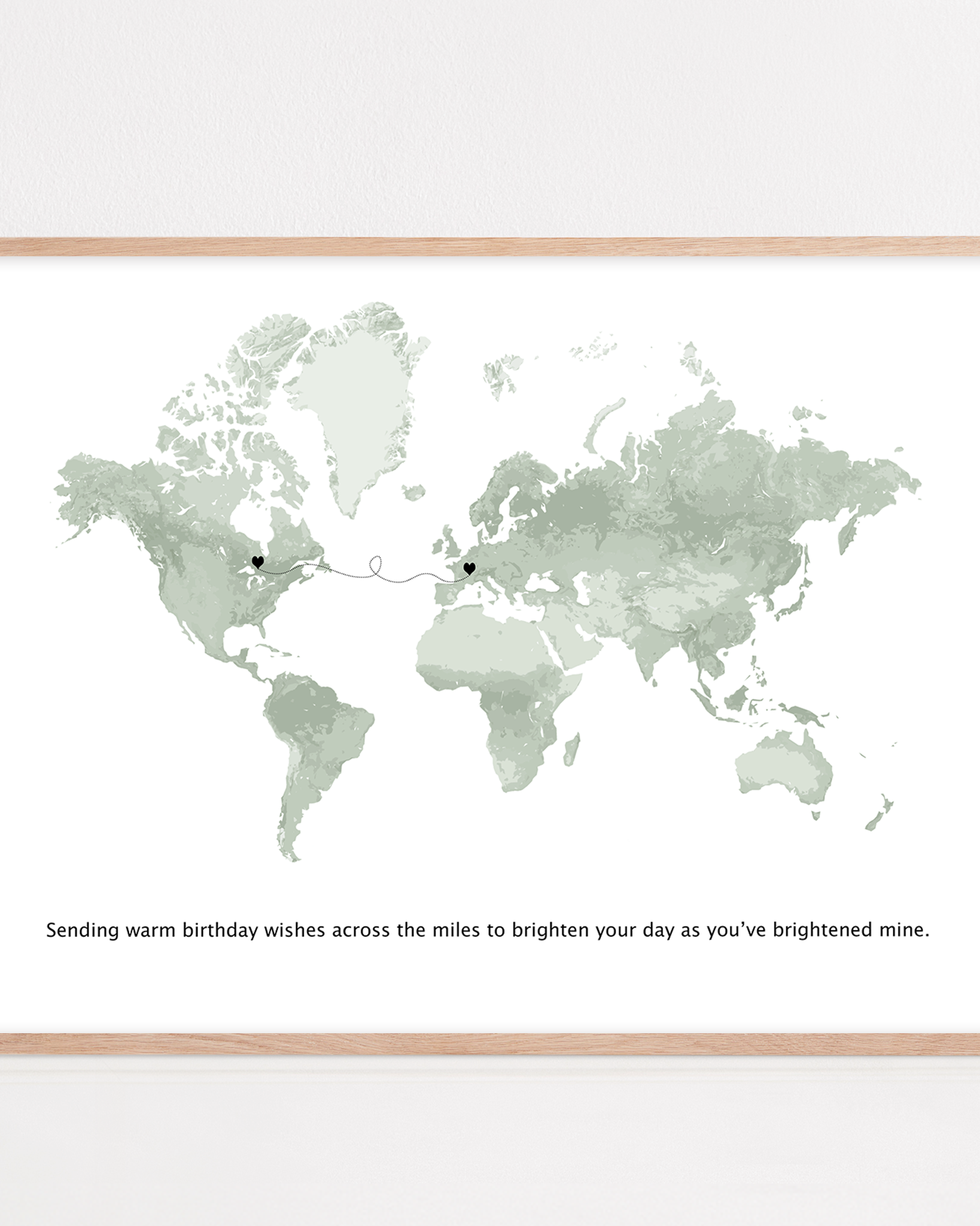 long distance friend gift framed with custom locations and quote "sending birthday wishes across the miles to brighten your day as you've brightened mine"