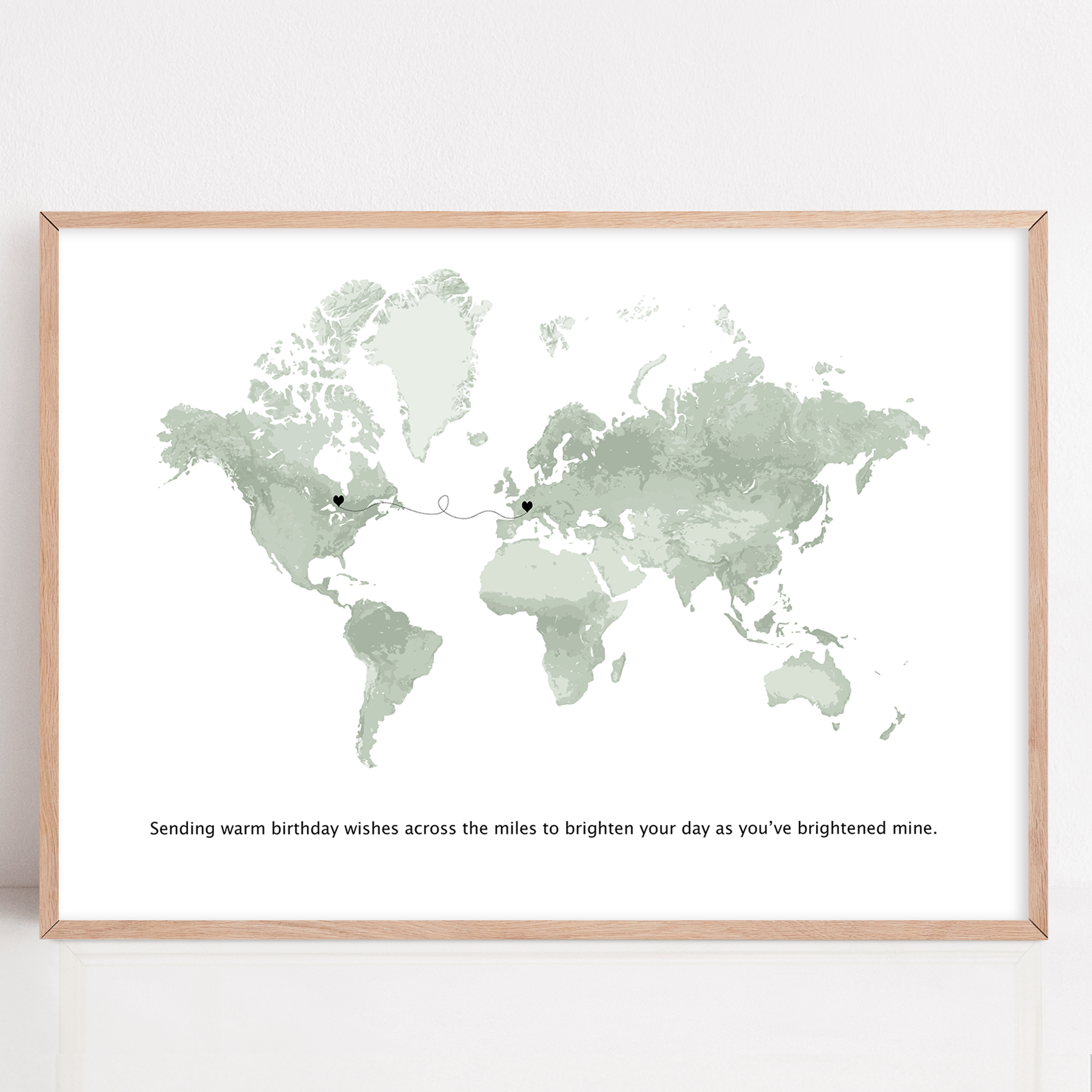 long distance friend gift framed with custom locations and quote "sending birthday wishes across the miles to brighten your day as you've brightened mine"