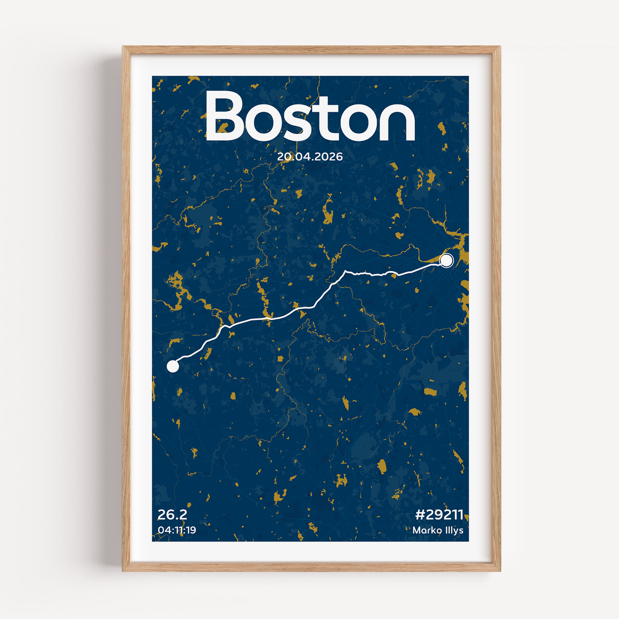 A custom Boston Marathon map poster depicting the historic point to point race route. The artwork features "Boston" in a vintage inspired font at the top, with personalised sections for the runner’s name, finish time, and event date.