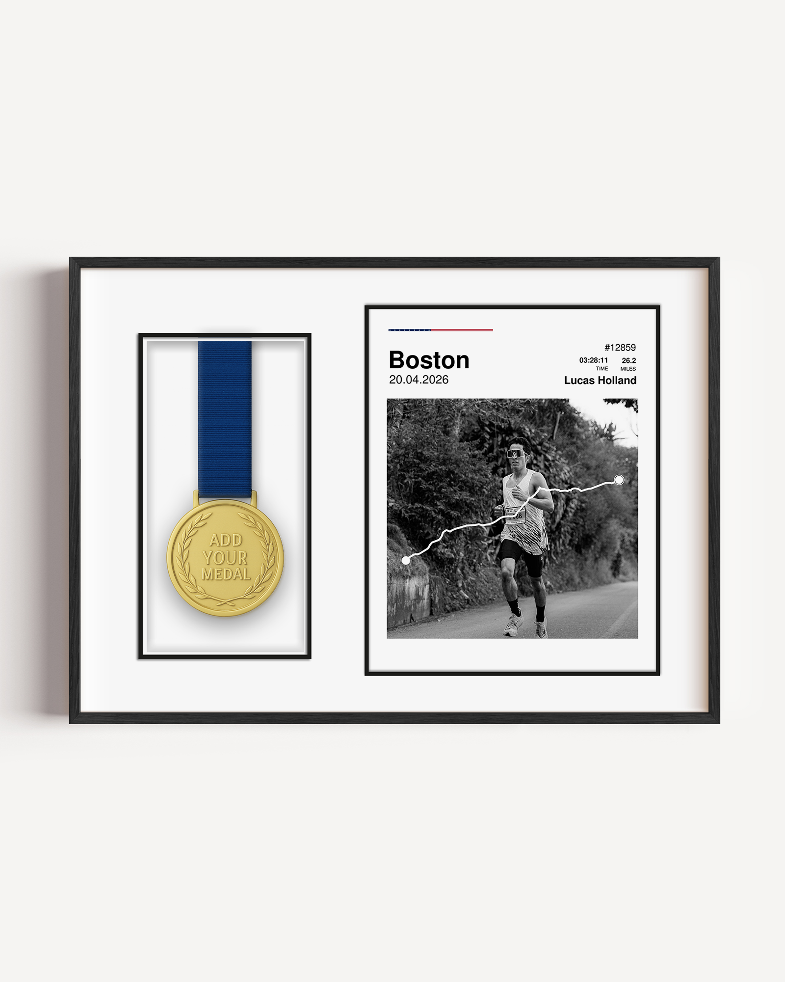 Custom Boston Marathon medal display frame featuring a personalized runner photo, white route map, race stats, US flag colors, and a dedicated mount to hang the finisher medal.