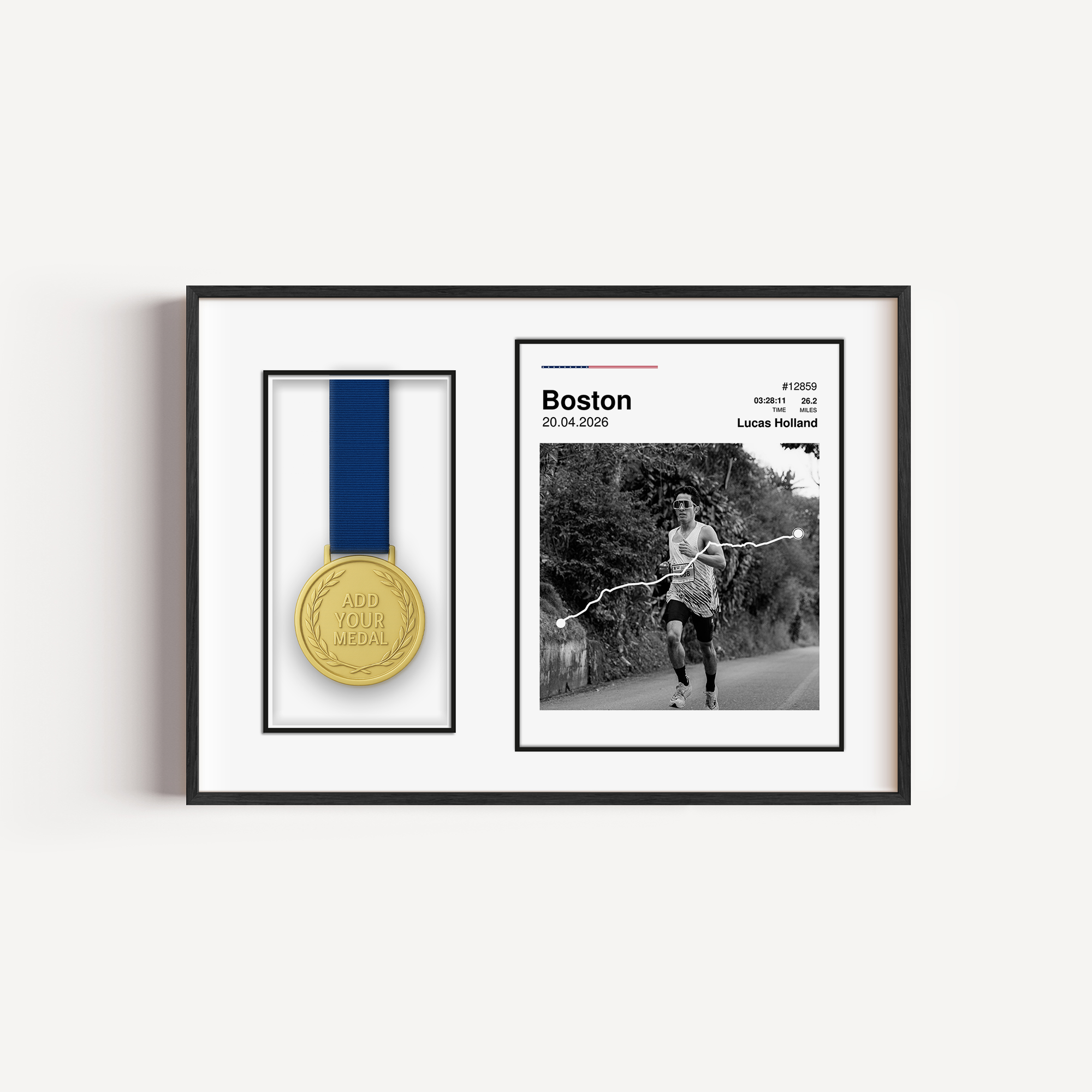 Custom Boston Marathon medal display frame featuring a personalized runner photo, white route map, race stats, US flag colors, and a dedicated mount to hang the finisher medal.