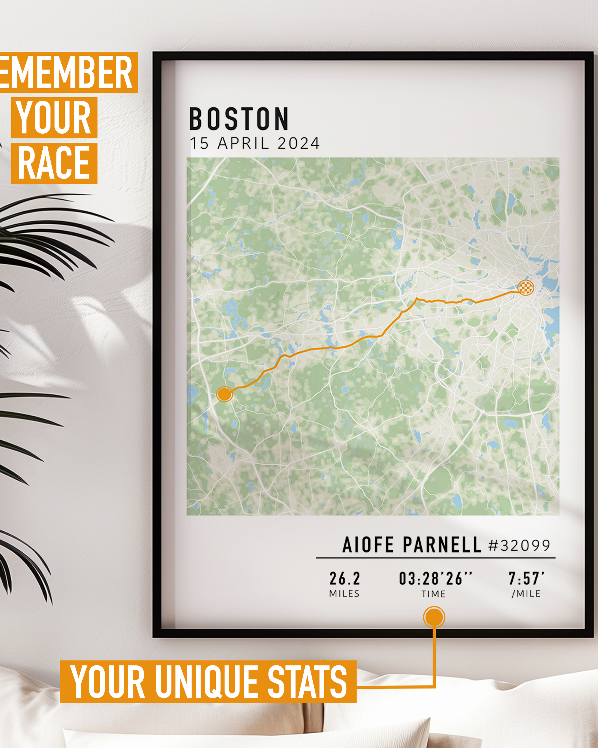 Boston Marathon route custom map print with custom stats and runner gift name
