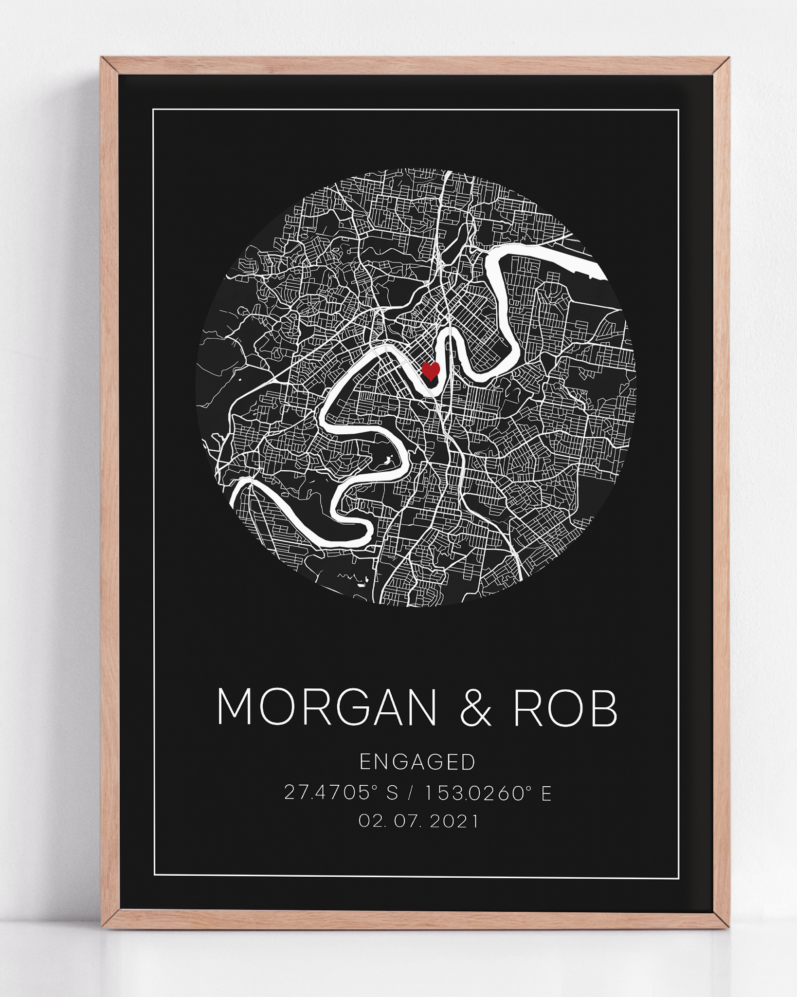 framed engagement gift for newly engaged couple map location print with engagement coordinates