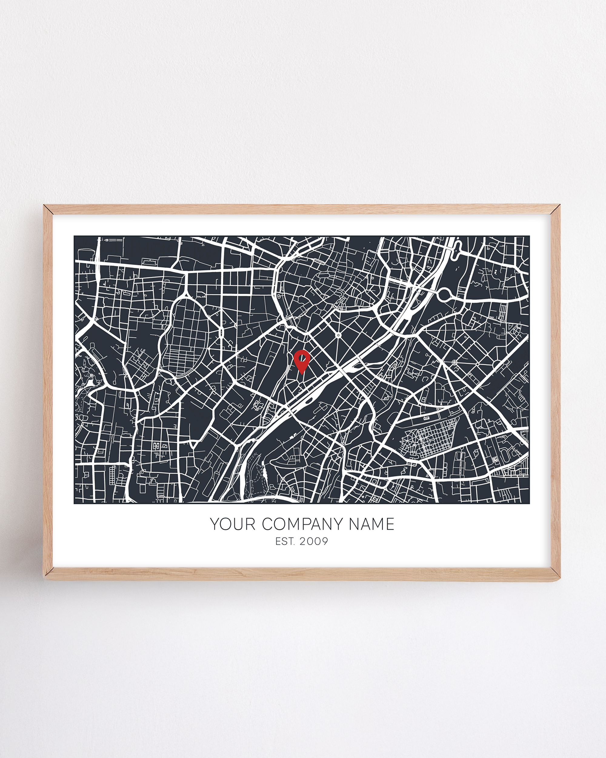 Custom framed artwork celebrating a company’s location anniversary—featuring personalized design elements to mark the milestone and honor the business’s journey.