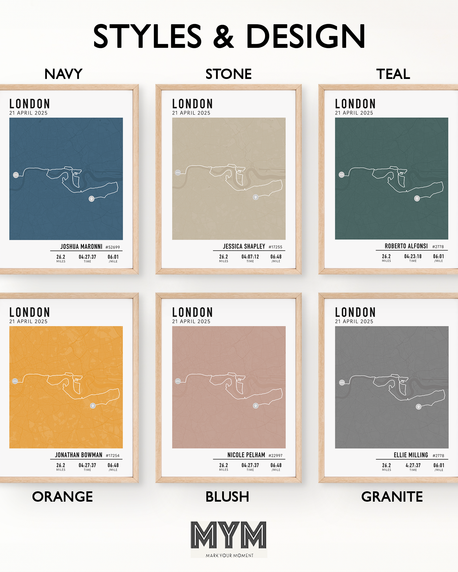 Collection of framed prints with different color options on a white background, featuring the brand 'MYM'.