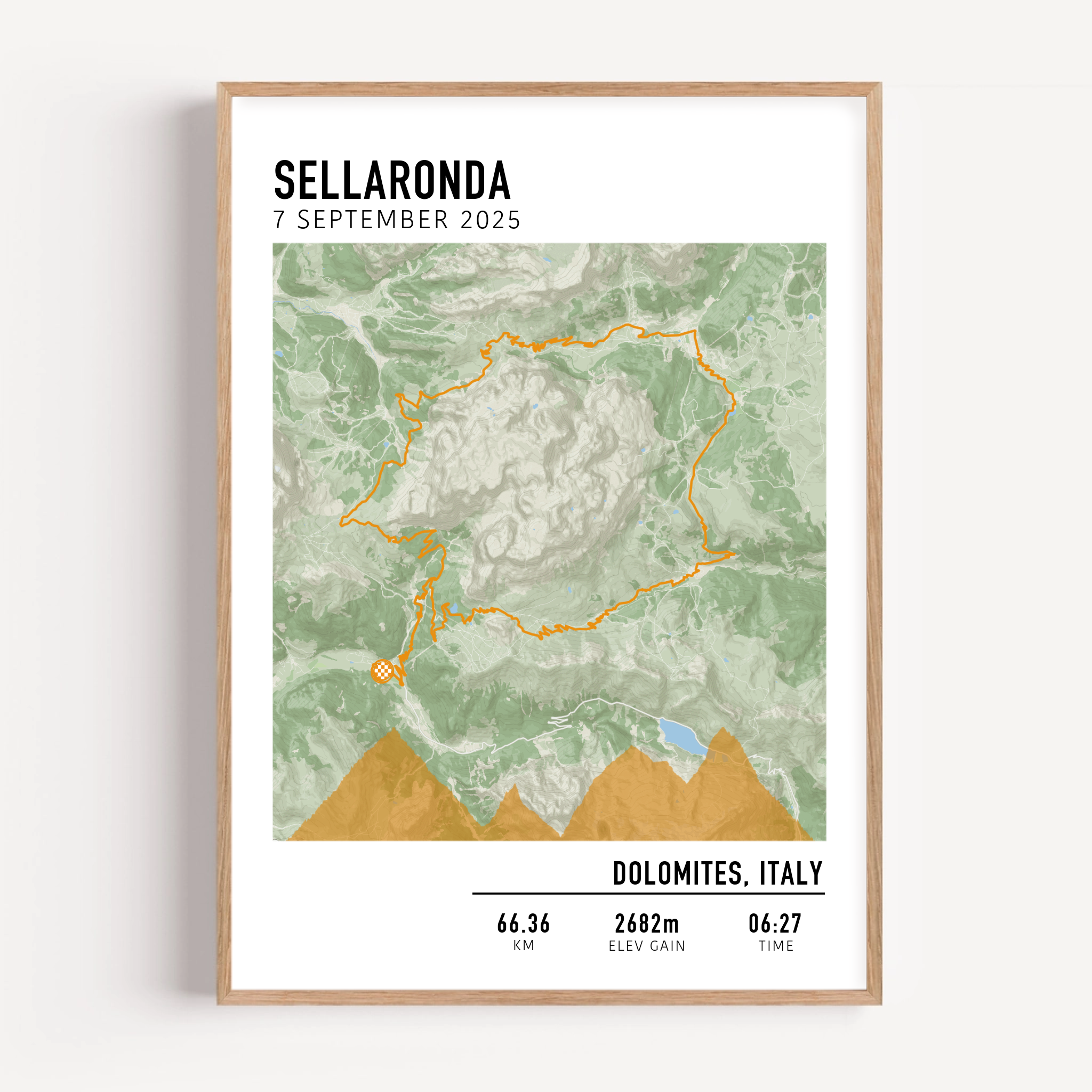 Custom cycling route print featuring a detailed map of the ride, marked start and finish points, and an elevation profile showing climbs and descents.