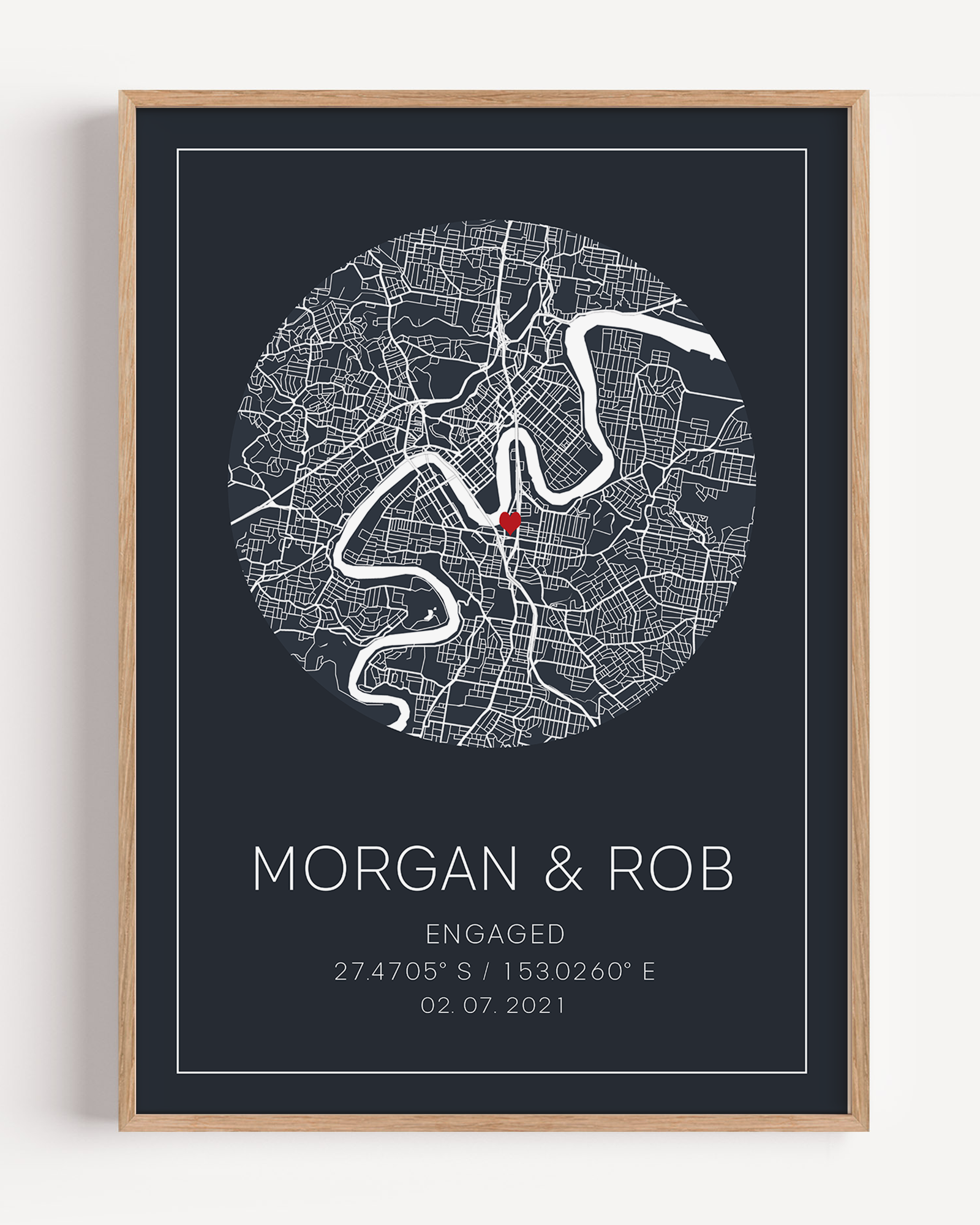 framed engagement gift for newly engaged couple map location print with engagement coordinates