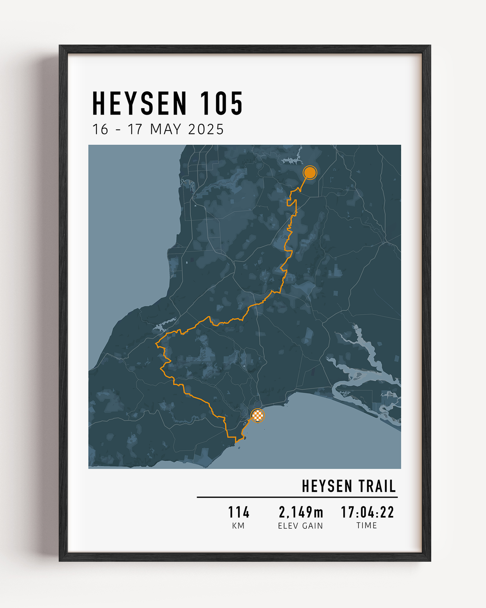 Custom hiking route print showing a personalized trail map with elevation profile and hike stats – perfect gift for hikers.