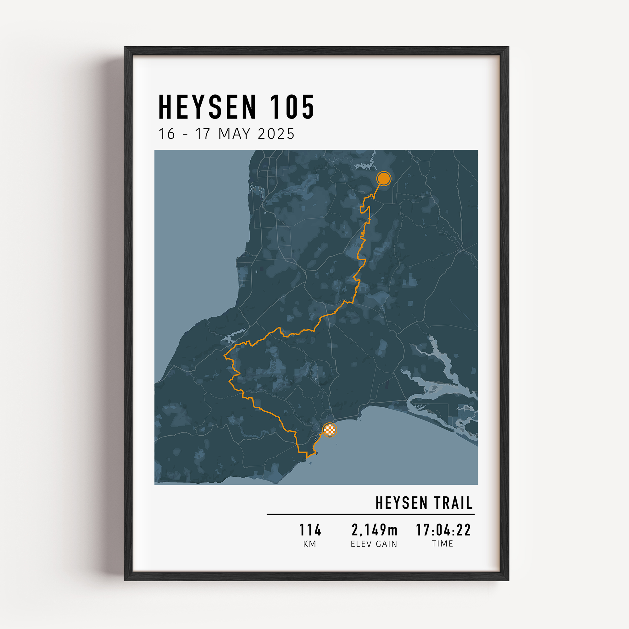 Custom hiking route print showing a personalized trail map with elevation profile and hike stats – perfect gift for hikers.