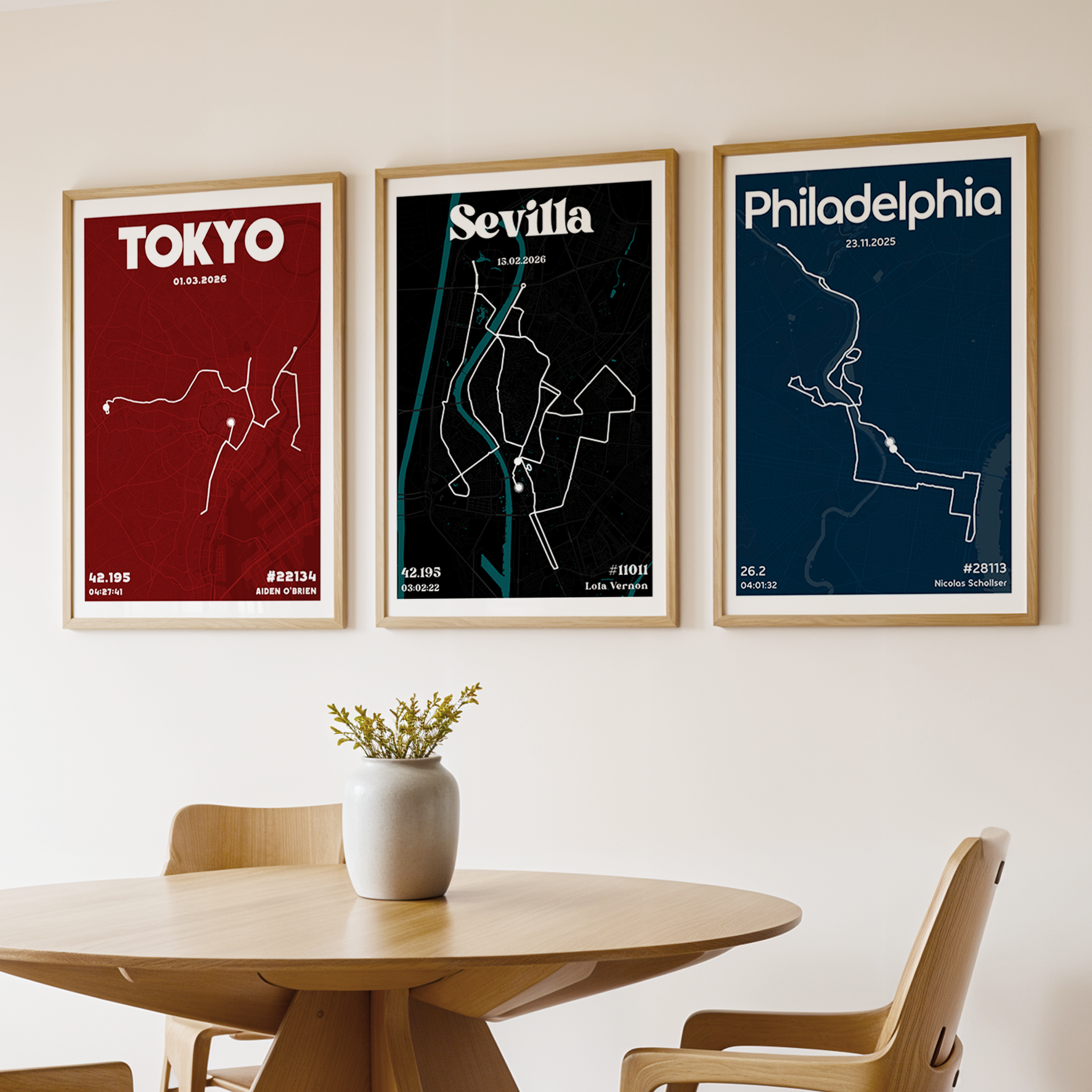 Three framed maps of Tokyo, Sevilla, and Philadelphia from the Urban range, featuring a detailed city grid and a specific race route. The design includes a bold city name at the top and customisable runner data such as name, time, and distance at the bottom.