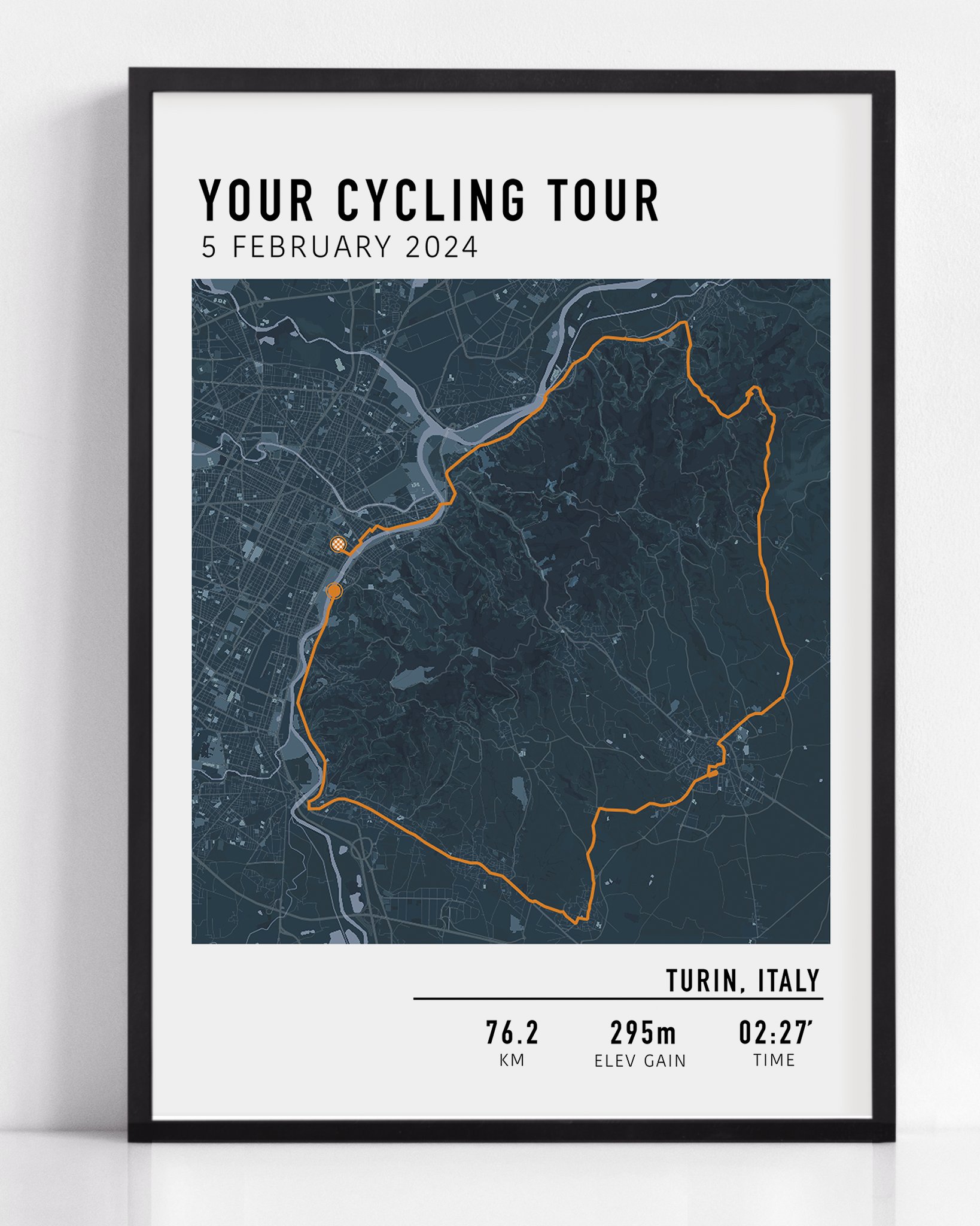 Custom cycling route print featuring a minimalist line map of a bike ride, personalized with route data uploaded by the rider, including distance, date, and location.