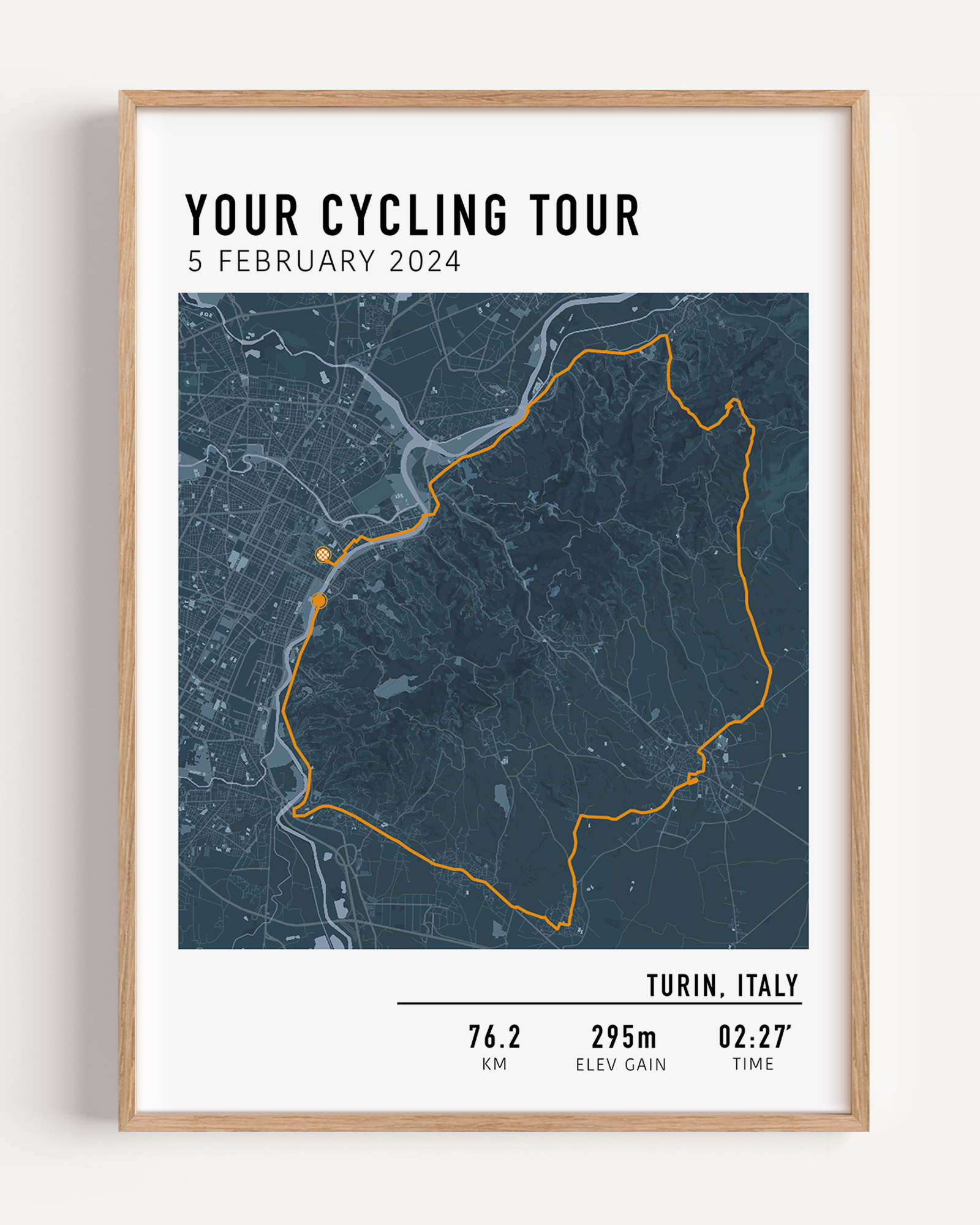 Custom cycling route print featuring a minimalist line map of a bike ride, personalized with route data uploaded by the rider, including distance, date, and location.