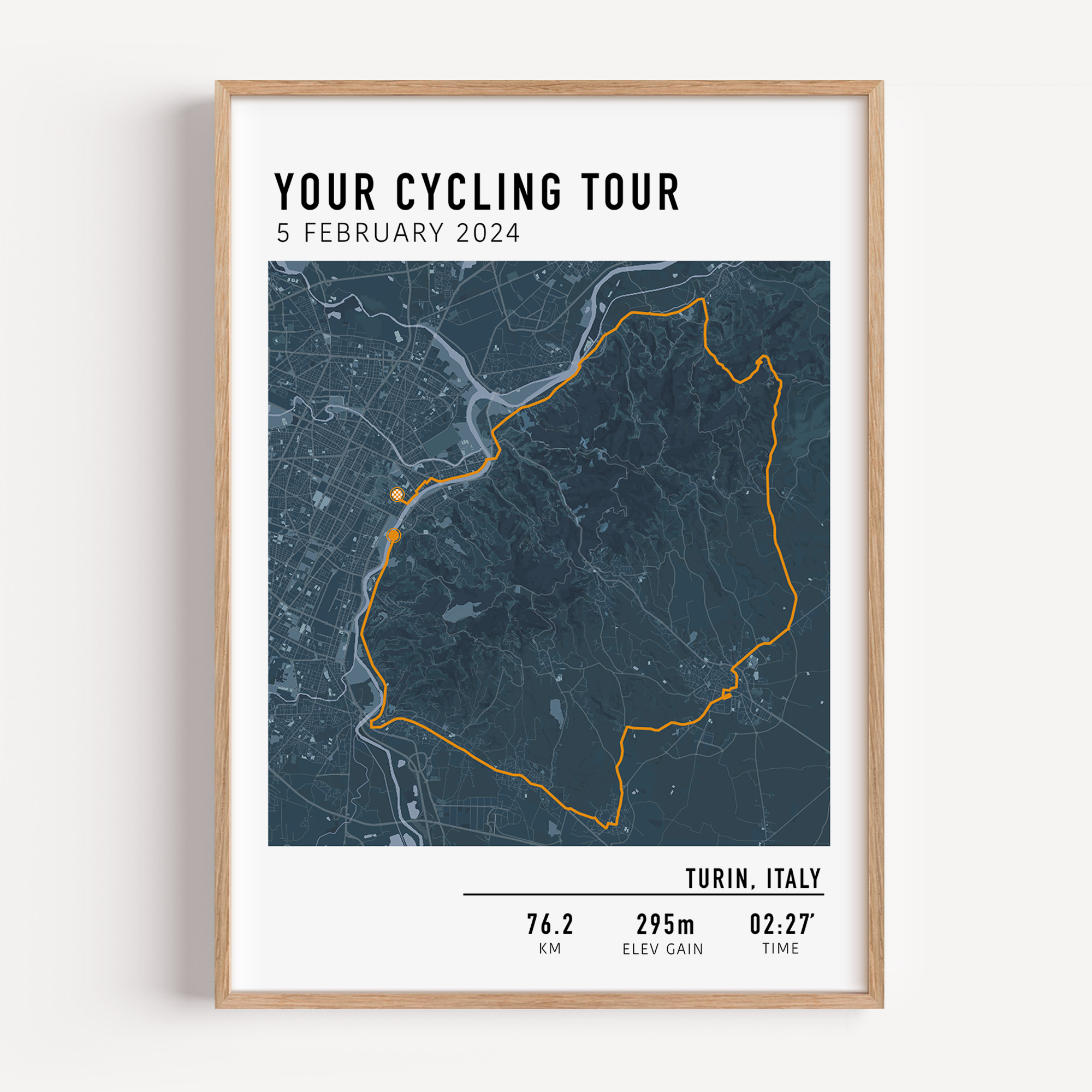 Custom cycling route print featuring a minimalist line map of a bike ride, personalized with route data uploaded by the rider, including distance, date, and location.