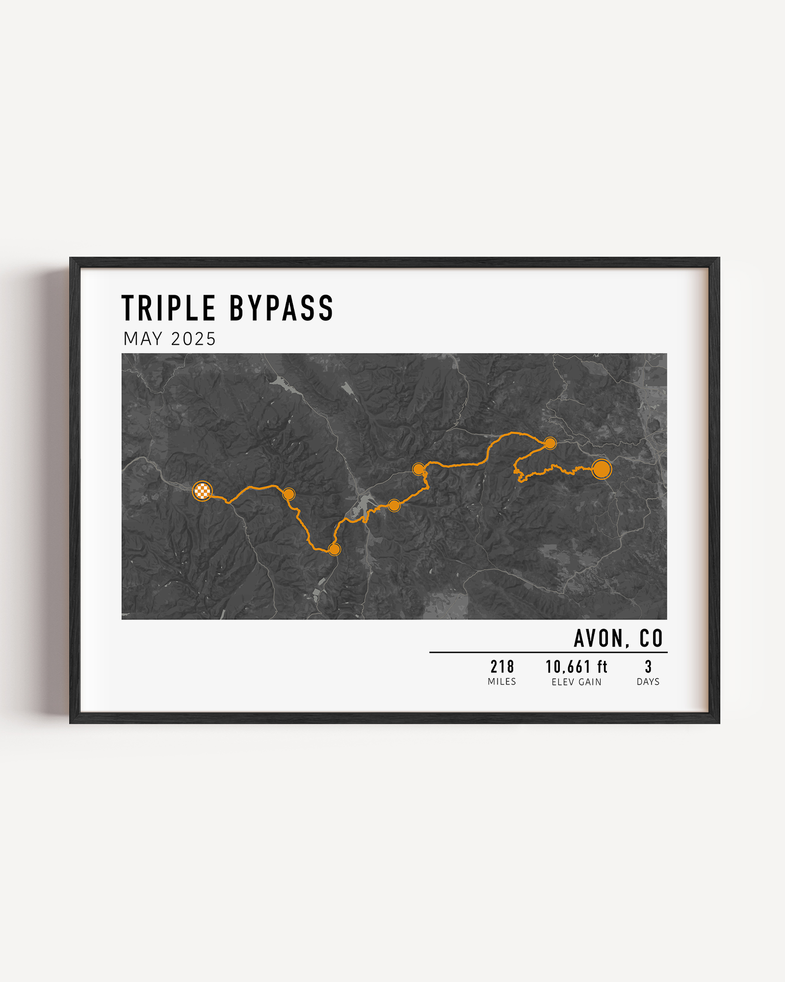 Multi-day bike ride wall art with custom route, elevation, and stats